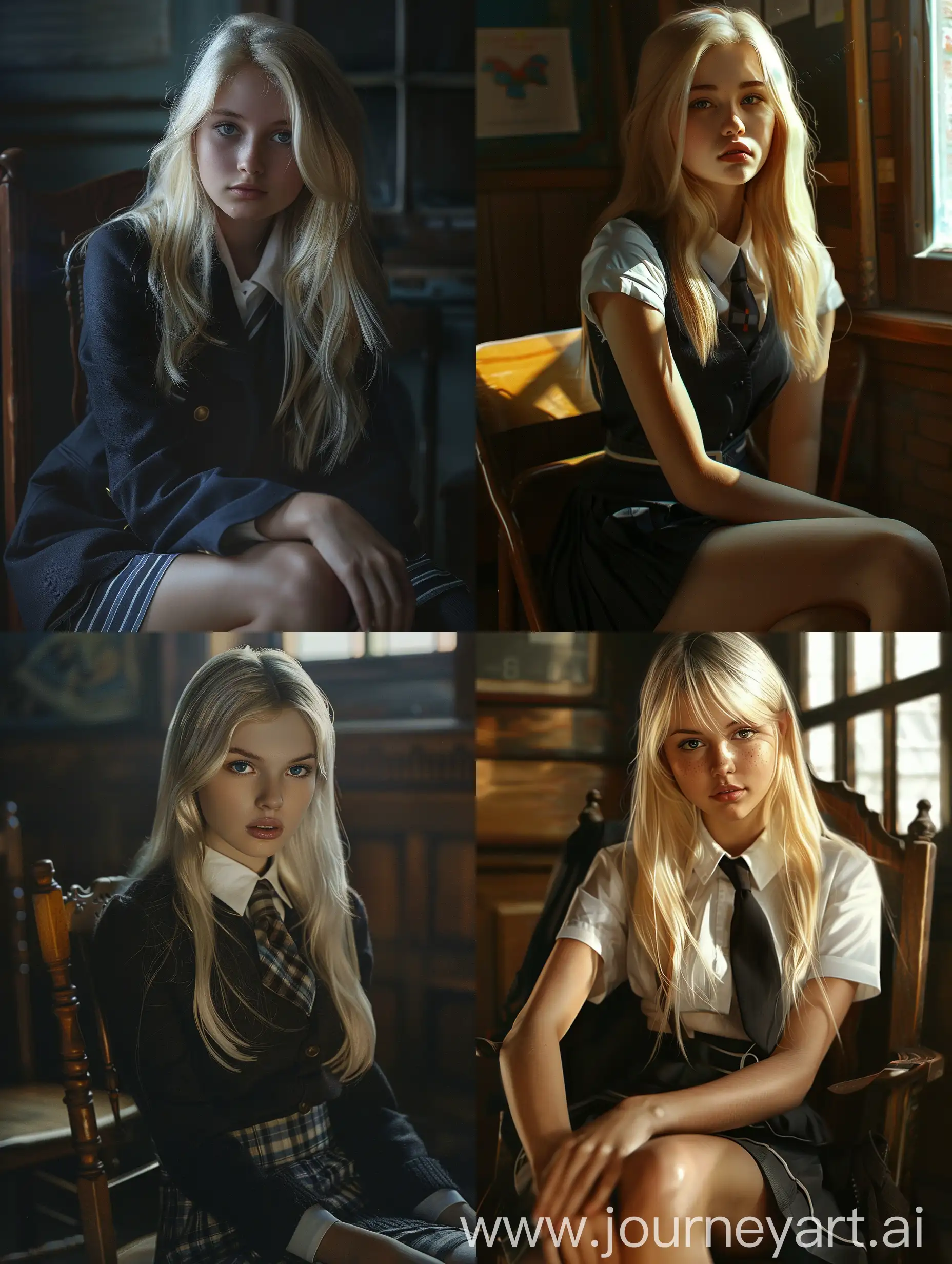 1 blonde girl , 22 years old, school uniform, sitting on chair,  ,   Volumetric lighting adds depth, with highlights and reflections emphasizing her expressive eyes and glossy hair. 
