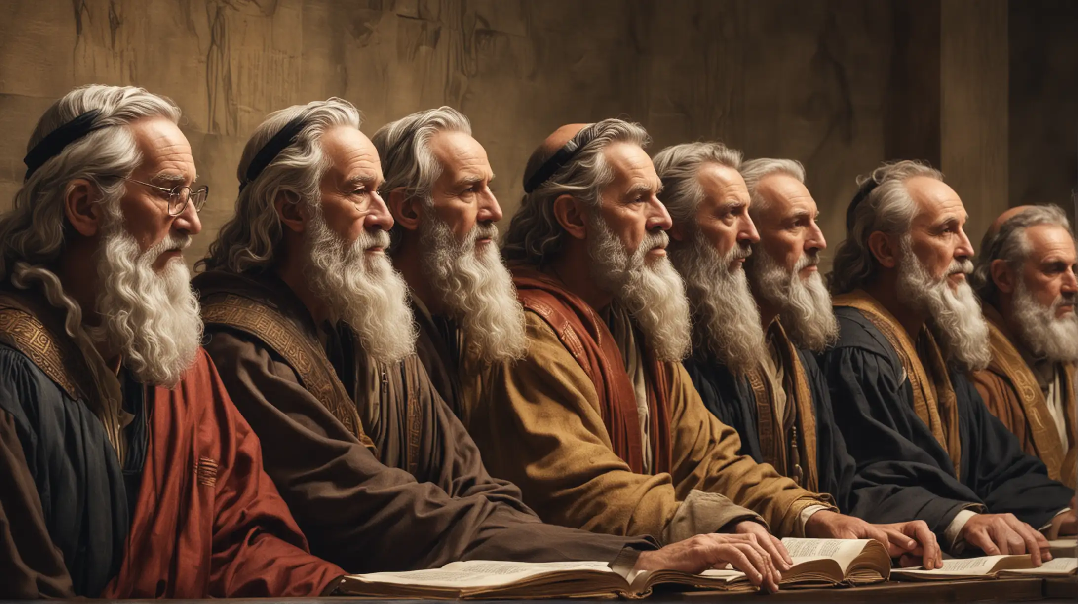 a close up image depicting a council of judges  During the era of  the Biblcal Moses.