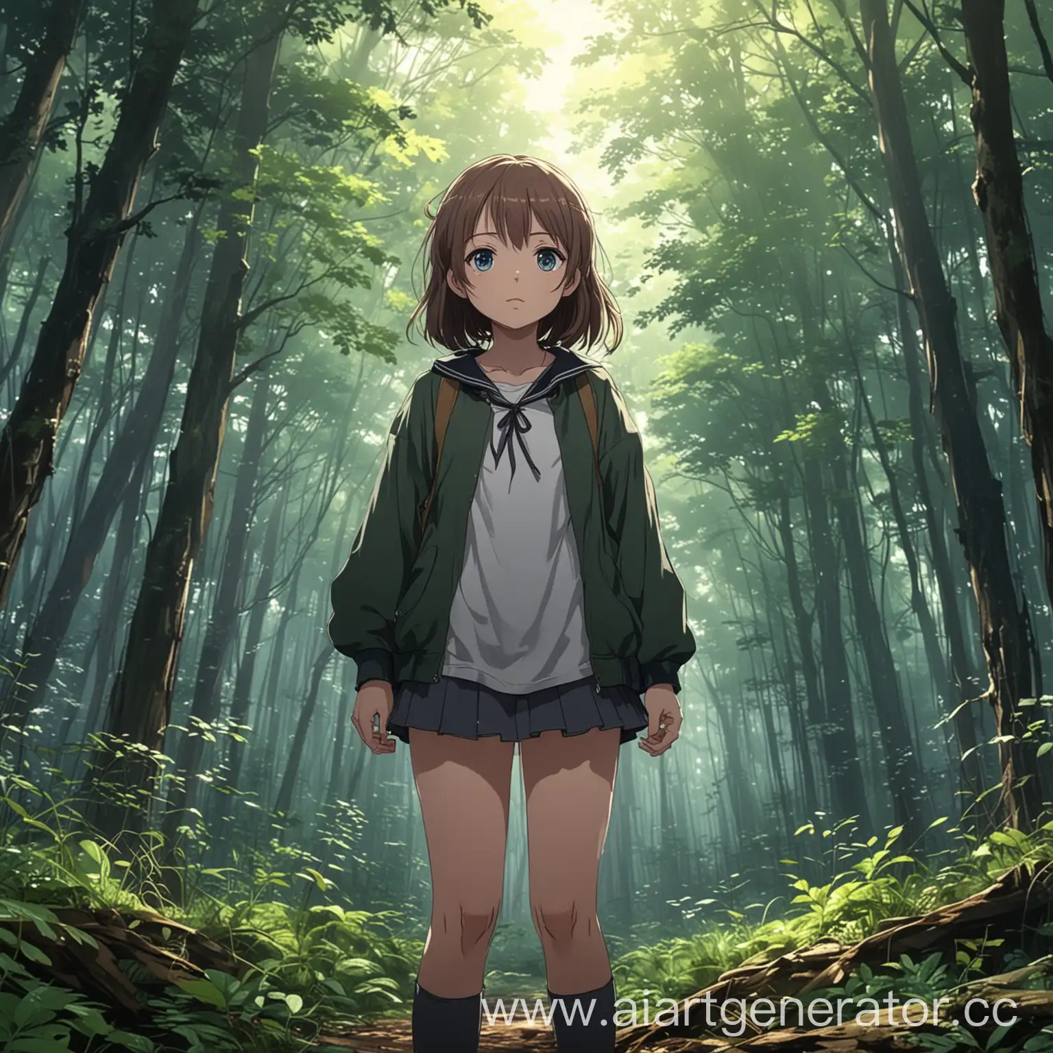Девушка стоит посередине леса, аниме