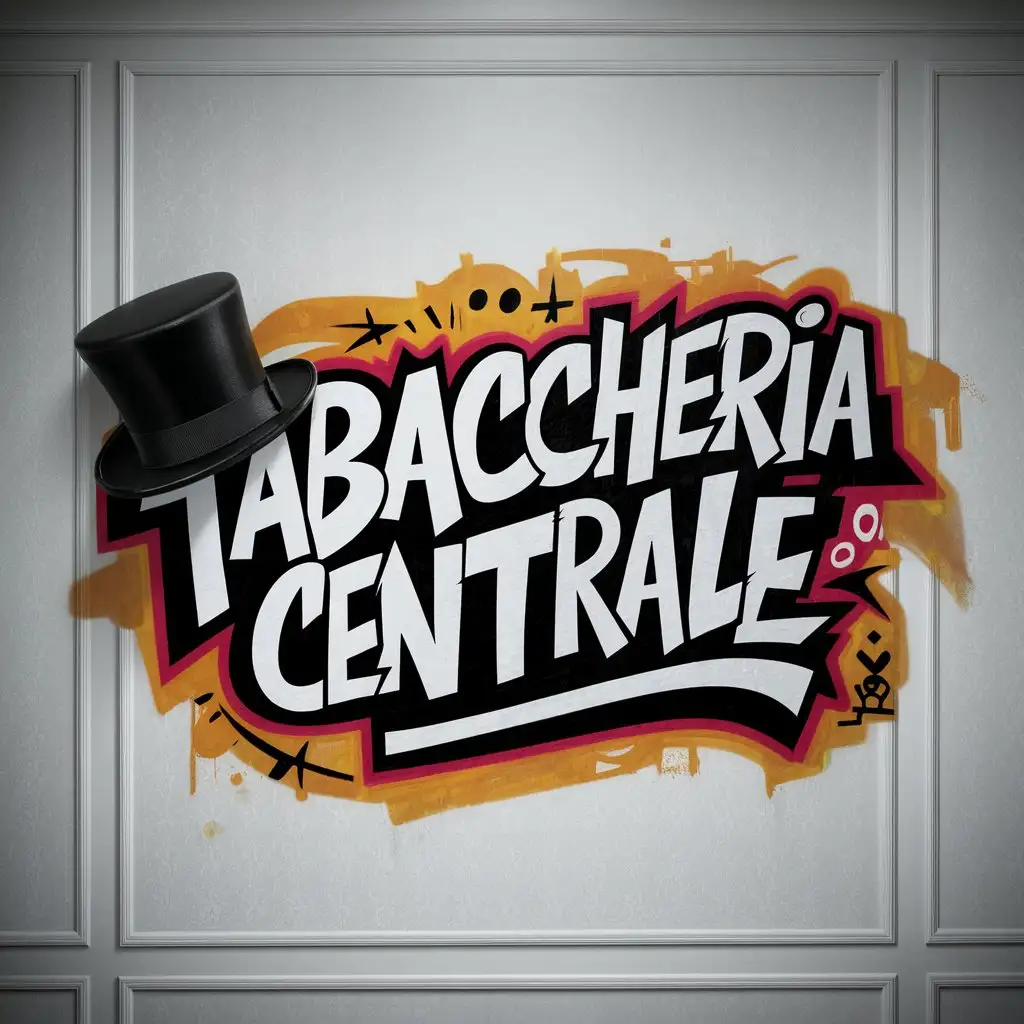 a circular logo. Graffiti style text "Tabaccheria Centrale" with a black top hat on it. White wallpaper.