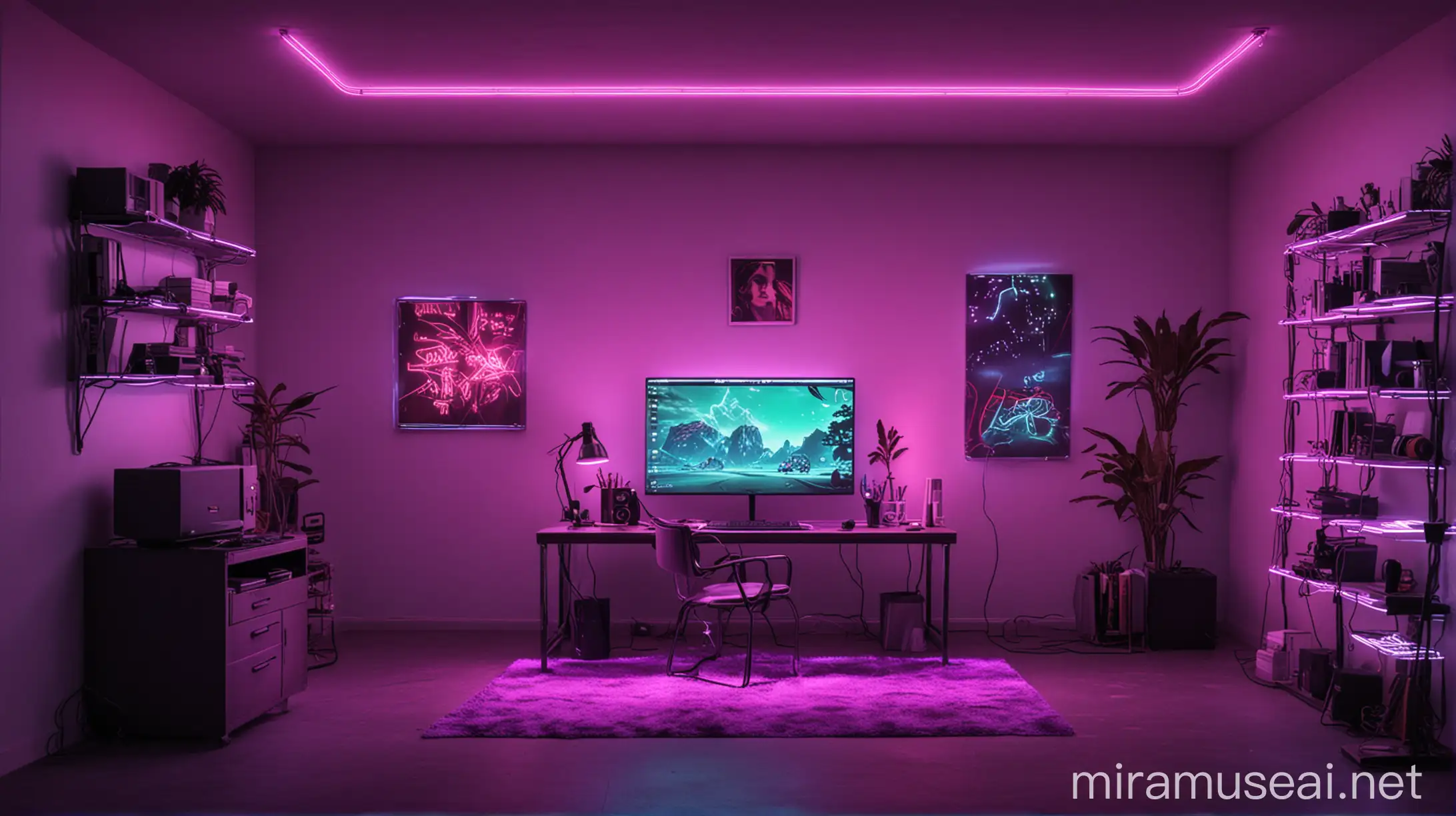 Create a Computer environment room with neon lights