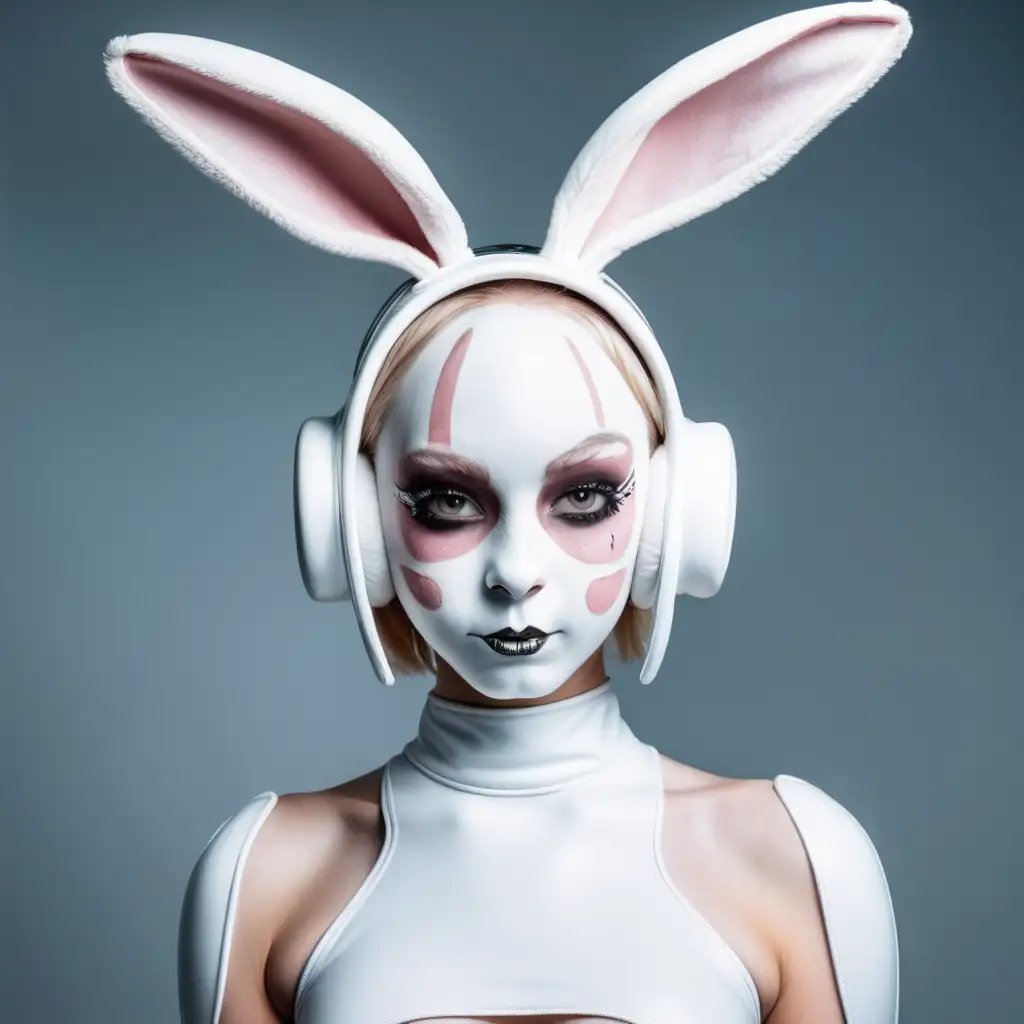 Латексная девушка с белой латексной кожей с гримом кролика на лице. с большими ушами кролика на голове