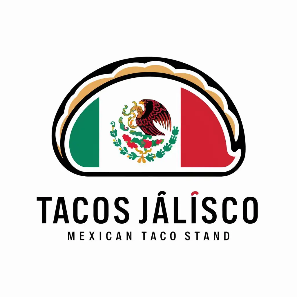 a logo design,with the text "Tacos Jalisco", main symbol:I'm in need of a unique and creative logo for my business. Here's what I'm looking for:n- Design Concept: My brand is all about innovation and creativity, so the logo should reflect these qualities. I'd like the design to be original and have a modern feel. This logo is for a Mexican taco stand.n- Color Scheme: I've got a specific color scheme in mind - black, red, green, and white. Maybe add the Mexican flag and/or eagle. I’ll upload some example design that can be added to the logo,Moderate,be used in Restaurant industry,clear background