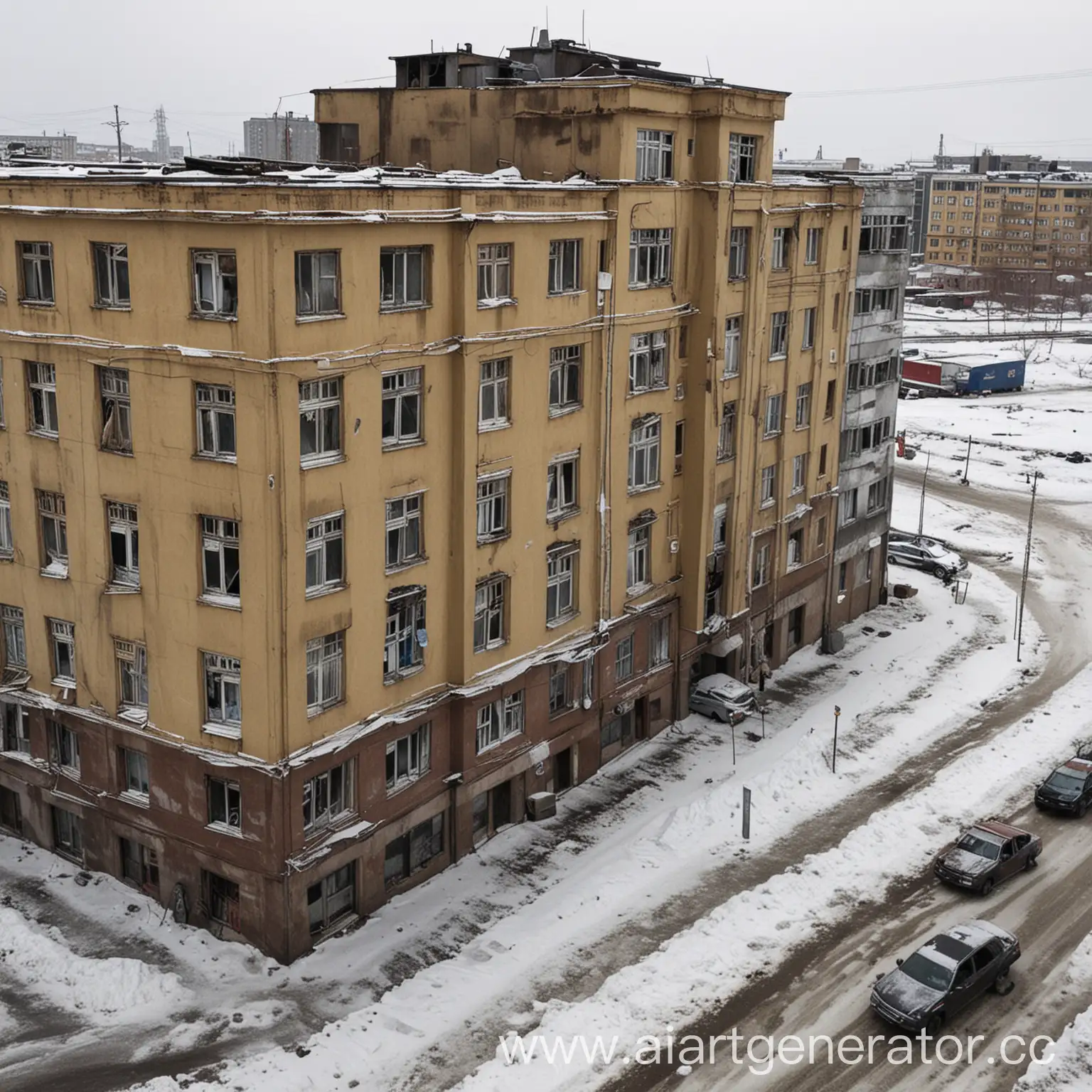 Фото из окна хрущевки в норильске с видом на девятиэтажный дом, на улице лежит мало грязного снега, слегка светит солнце, на парковке перед домом стоят машины, 4 этаж