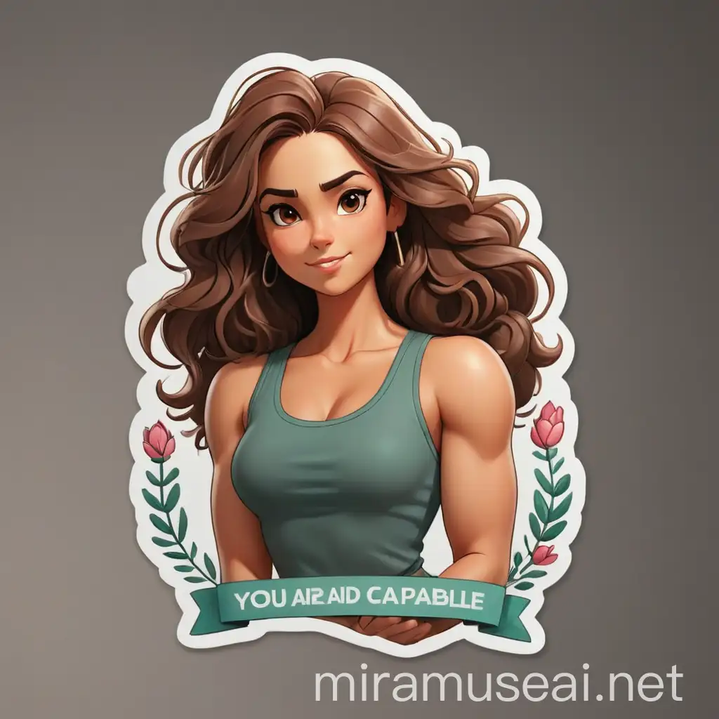 realiza un sticker que pueda usar para whatssap que tenga una mujer con la frase "eres fuerte y capaz"