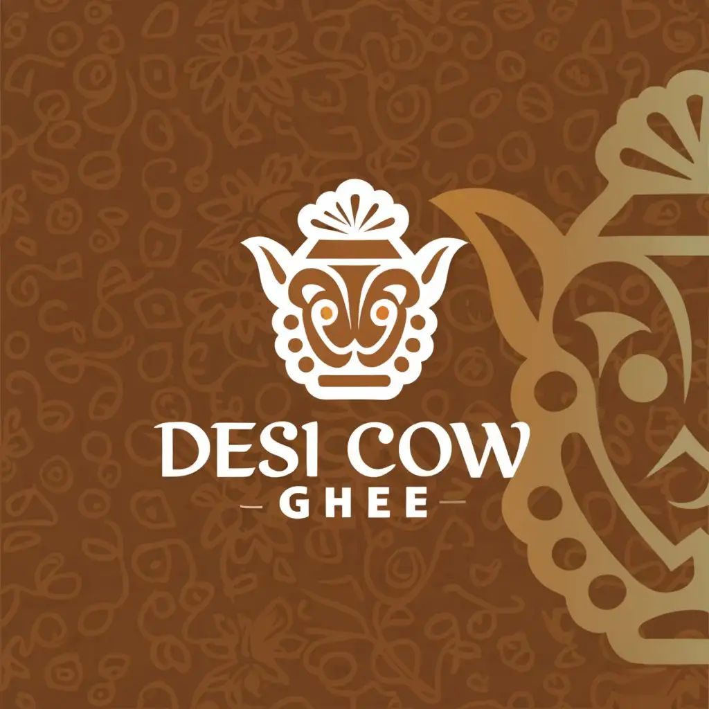 a logo design,with the text "Creating a logo for your Indian Desi cow ghee brand involves combining elements that reflect the product's cultural significance, natural origins, and uniqueness. Consider incorporating these design elements:

1. _Indian motifs_: Incorporate traditional Indian patterns, such as mandalas, lotus flowers, or peacocks, to evoke cultural heritage.
2. _Cow iconography_: Use a stylized image of a cow, highlighting its importance in Indian culture and the product's source.
3. _Ghee container or pot_: Incorporate a traditional Indian ghee container or pot (like a "martaban" or "ghara") to symbolize the product.
4. _Natural elements_: Add leaves, flowers, or other natural elements to represent the product's purity and organic origins.
5. _Color scheme_: Choose a palette that reflects Indian culture, such as warm colors like orange, yellow, red, and green, which also evoke feelings of warmth and comfort.
6. _Typography_: Use a font that is clear, readable, and resonates with the brand's name and message.
7. _Simple and scalable design_: Ensure the logo looks good in various sizes and formats (e.g., labels, packaging, website).

Some design ideas to get you started:

- A stylized cow silhouette with a ghee container or pot incorporated into the design.
- A mandala or lotus flower pattern with a cow or ghee container at its center.
- A simple, hand-drawn cow face or icon with a warm, earthy color scheme.
- A stylized ghee container or pot with Indian motifs and pattern", main symbol:Cow,Moderate,be used in Animals Pets industry,clear background