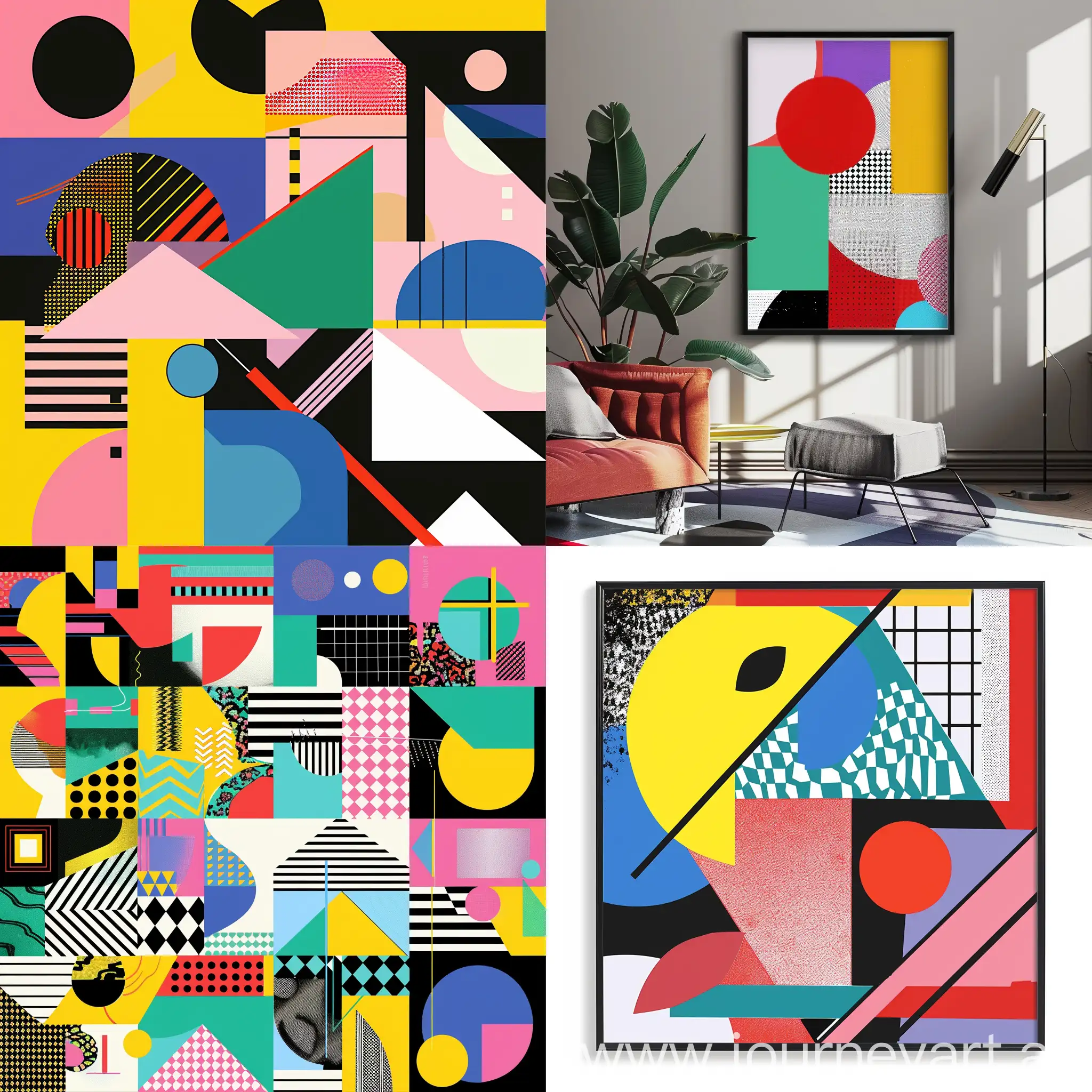 几何图形抽象主视觉·海报，孟菲斯风格，颜色鲜艳。