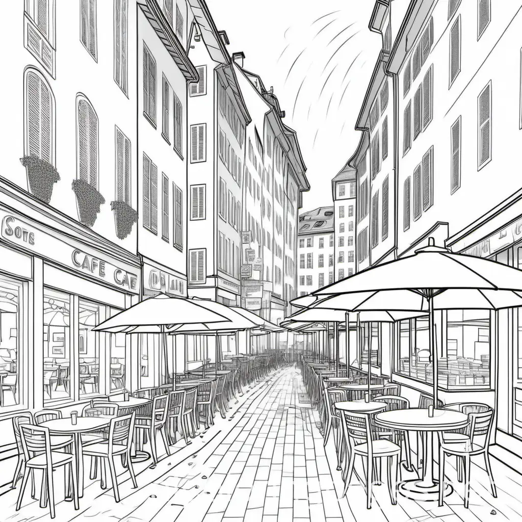 Sidewalk cafe in Zurich with round tables with cappuccinos on them and large opened umbrellas on a rainy day
, Coloring Page, black and white, line art, white background, Simplicity, Ample White Space. The background of the coloring page is plain white to make it easy for young children to color within the lines. The outlines of all the subjects are easy to distinguish, making it simple for kids to color without too much difficulty