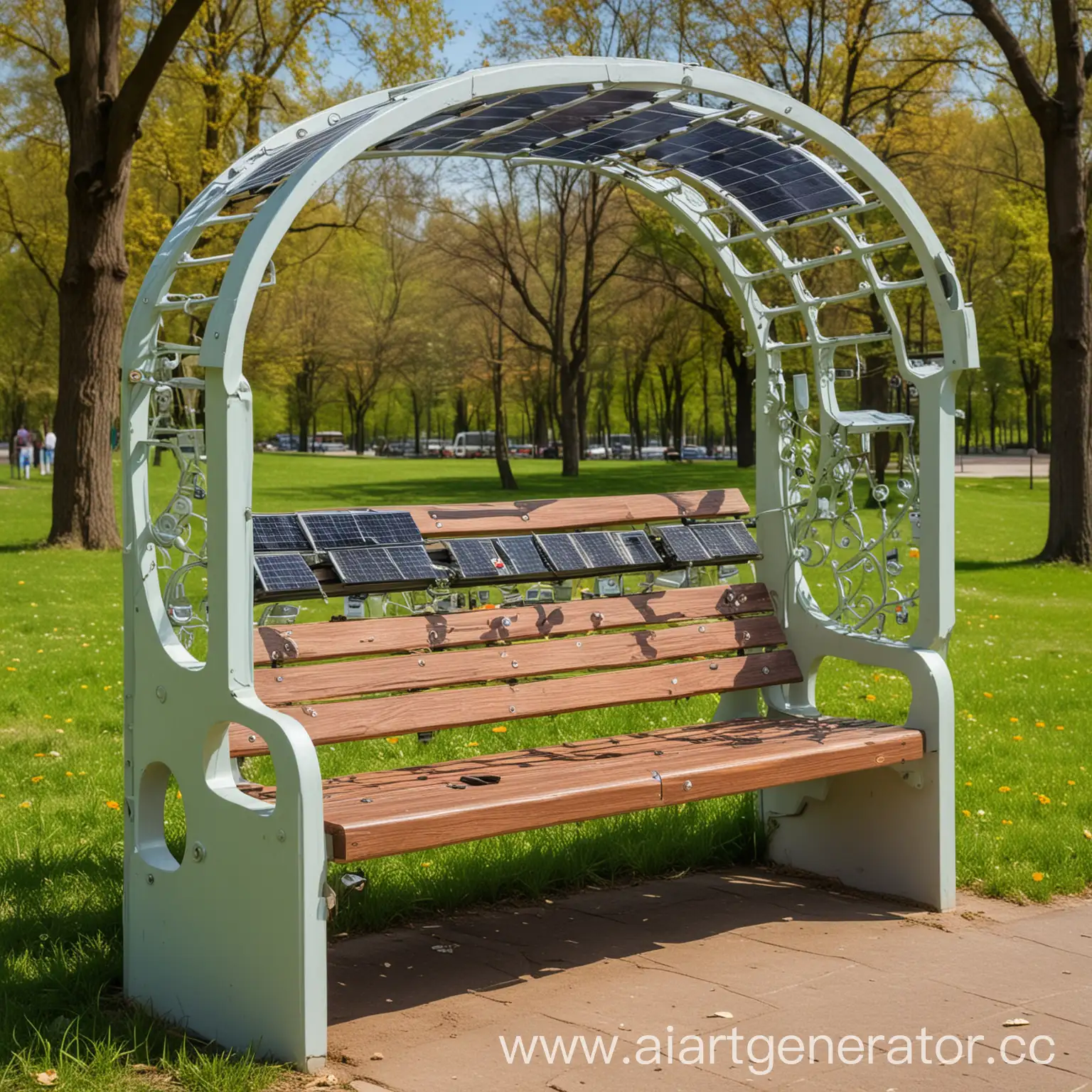 скамейка в парке с аркой из солнечных батарей