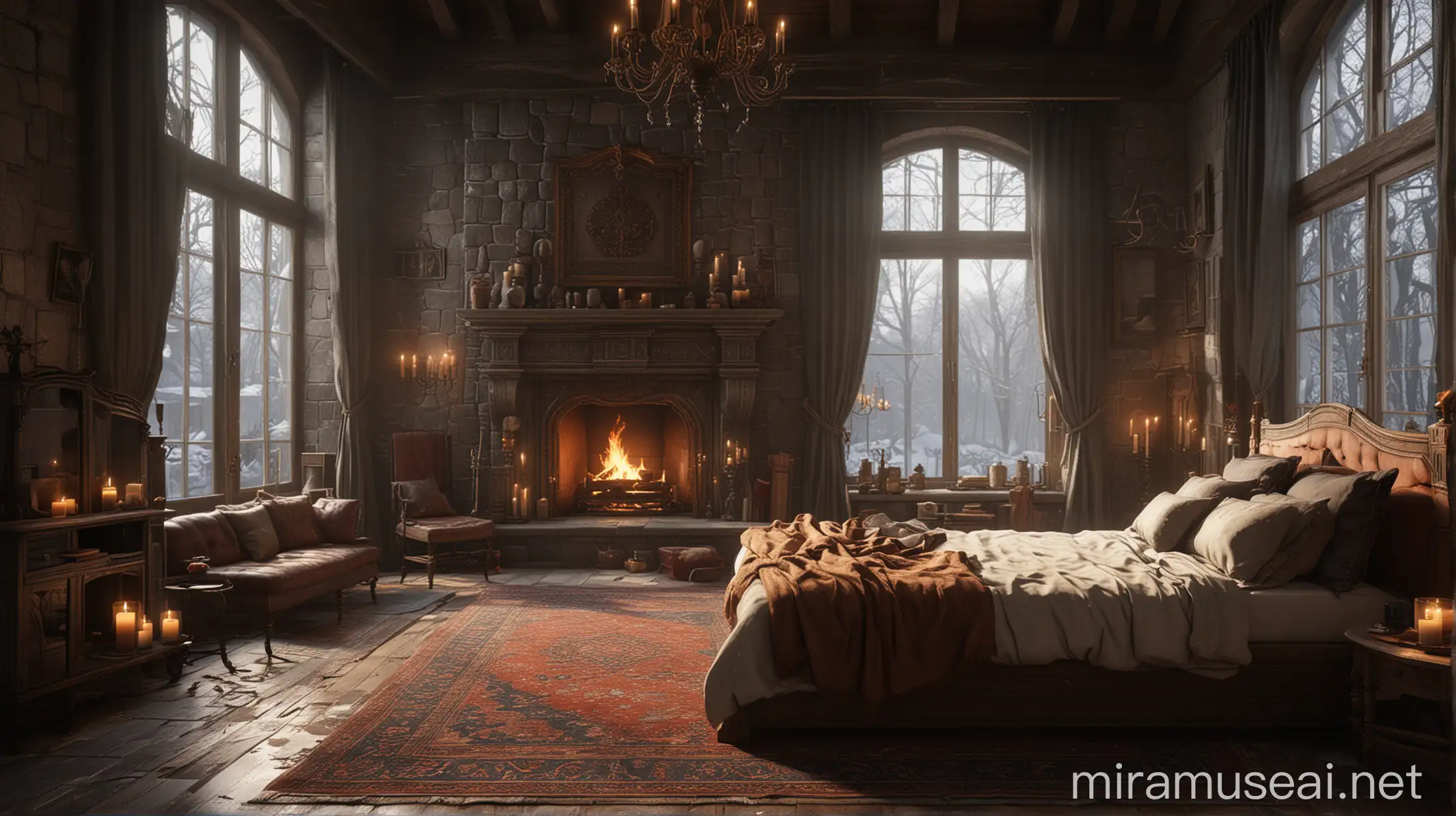 Cozy Castle Bedroom with Fireplace and Snowy Moonlit Forest View