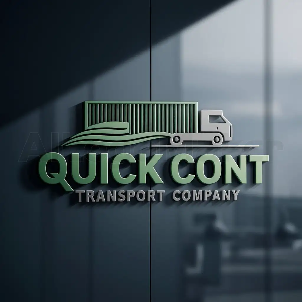 a logo design,with the text "Quick Cont", main symbol: "Compact and modern logo for transport company 'Quick Cont'. Name of the company should be done in rich emerald or green color on dark background. Design should include elements of logistics such as drawn sea container or truck-container ship. Sense of movement or interconnectedness, while maintaining professional and clean look. Text should be clear and legible, with modern font. Overall aesthetic should reflect reliability, efficiency, and professionalism.",Moderate,be used in Automotive industry,clear background