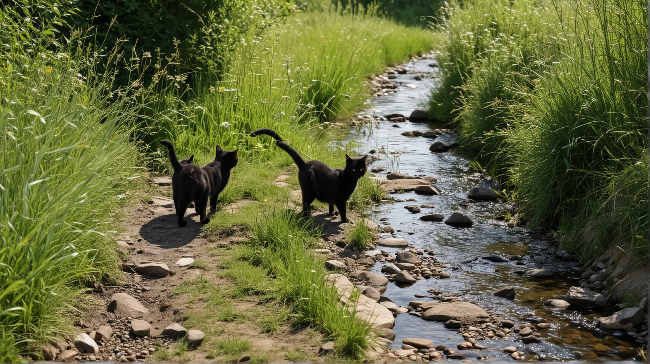 two black cats walk on a narrow path near a stream, grass, bushes, summer