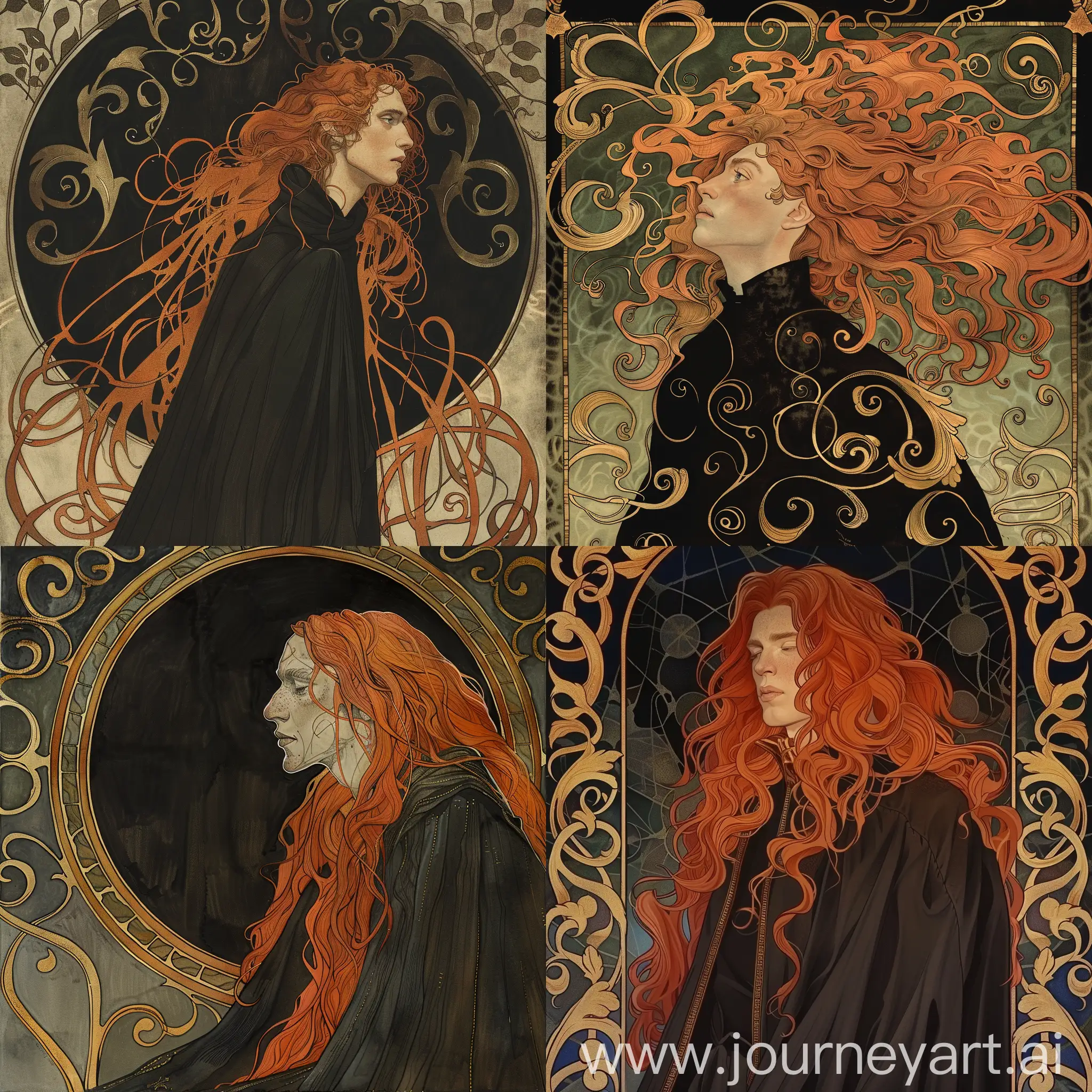 Man with long red hair, in the dark mantle, art nouveau, illustration
