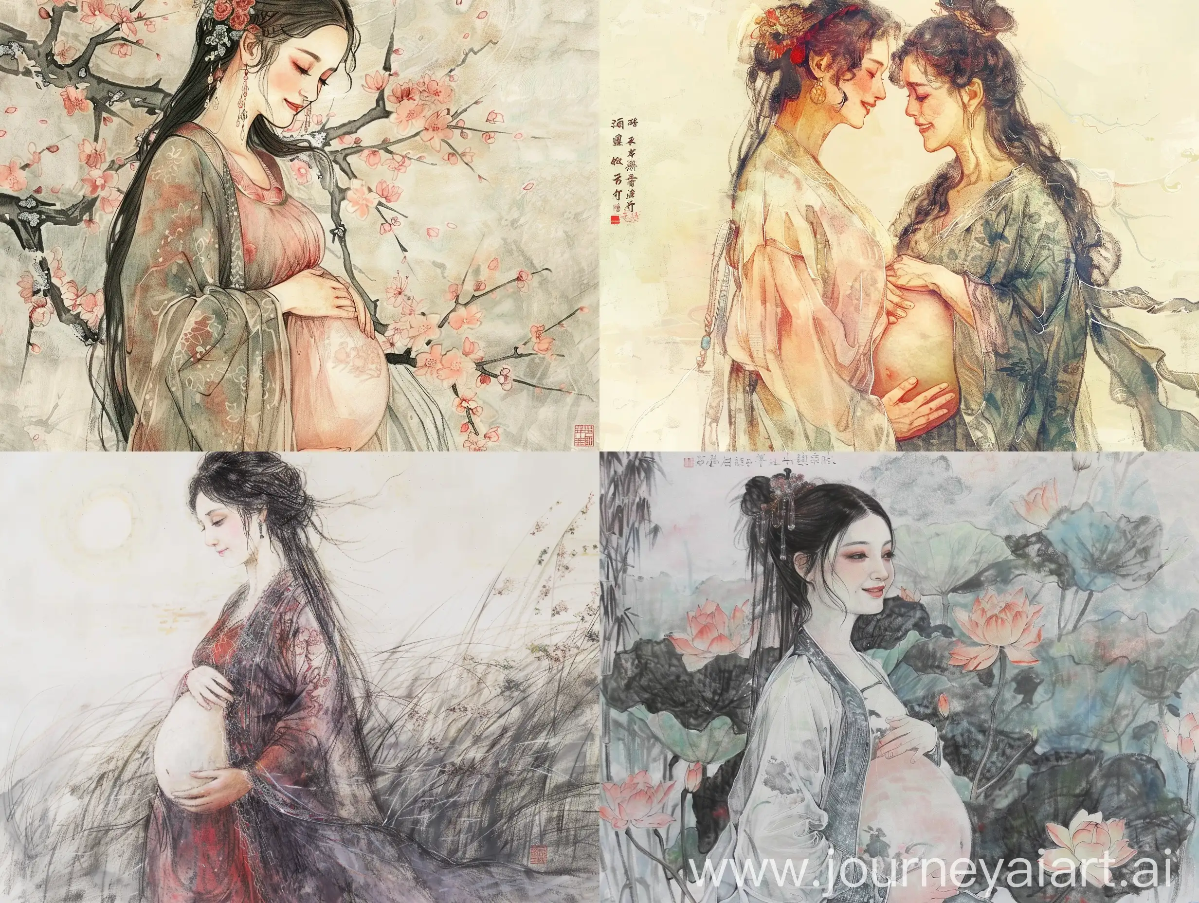 Expectant-Wife-of-Song-Dynasty-Gentleman-Embracing-Motherhood-in-Monet-Style-Chinese-Ink-Painting
