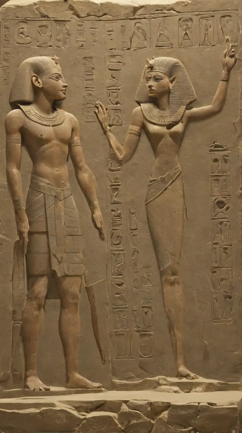 Prompt: Eygptians during the pharoah were holding or looking at the rosetta stone

