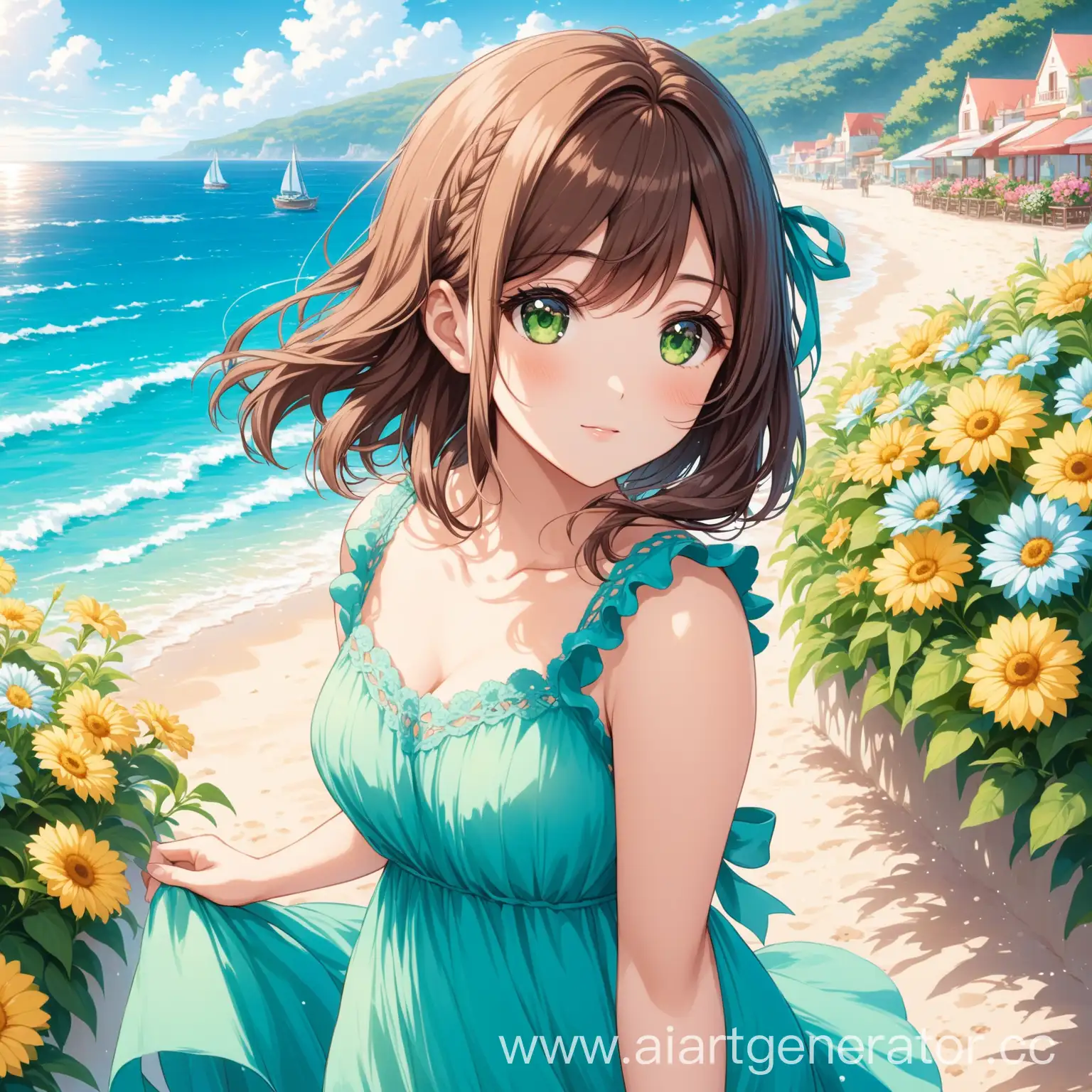 Aria Roscente se encuentra en la orilla del mar con un vestido azul de verano con el pelo corto castaño y con los ojos de color verde rodeado de flores 