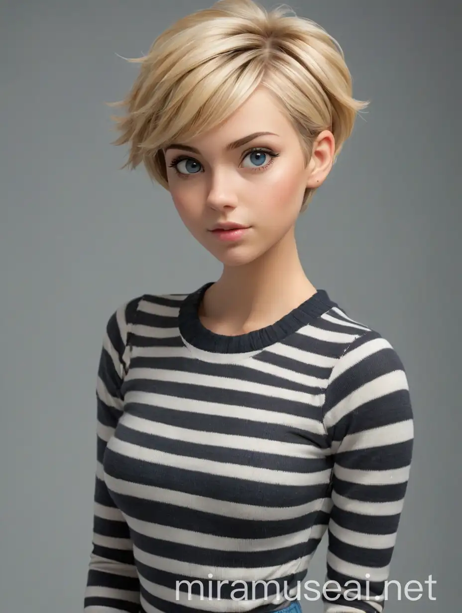 Beautiful young woman, short blonde hair, skin tight black and white striped sweater, tight blue jeans