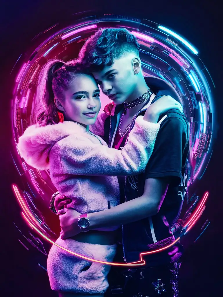 Innocent-Teenage-Couple-Embracing-in-Cyberpunk-Style
