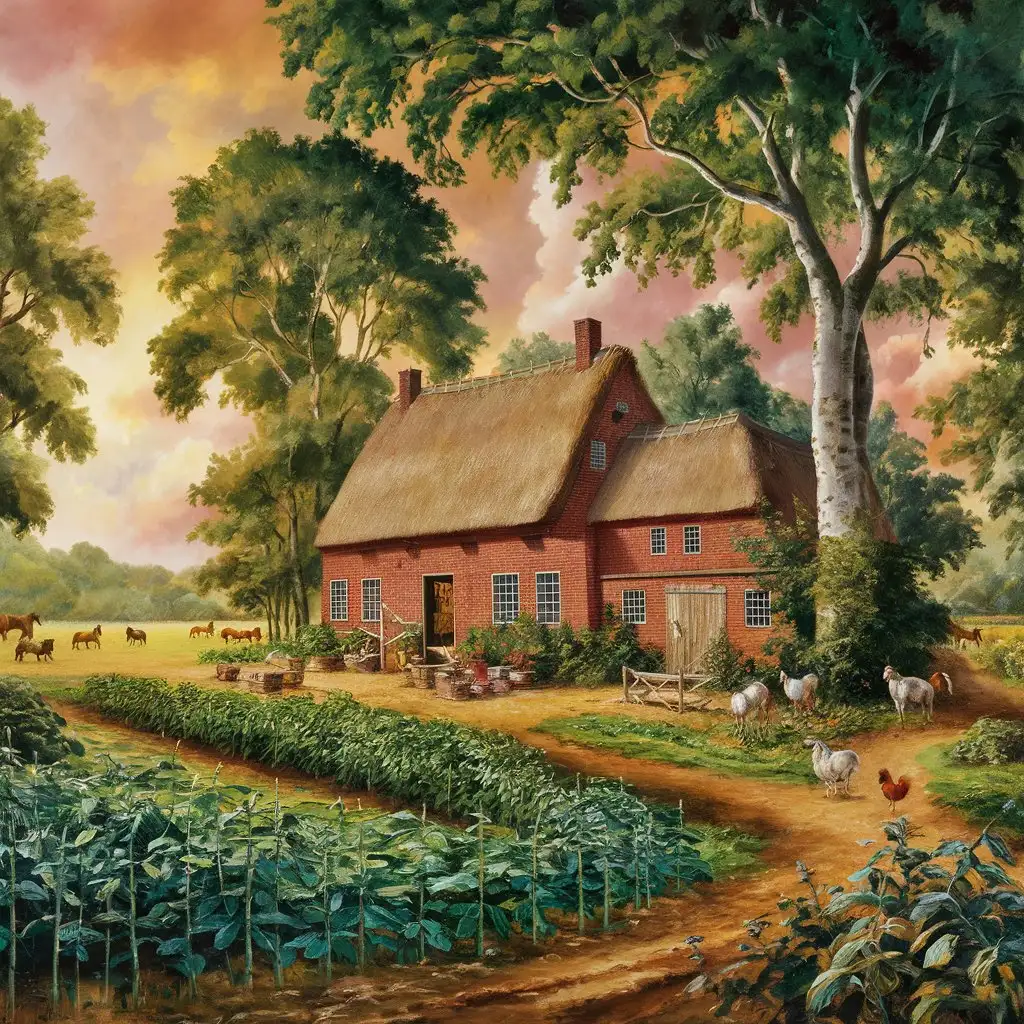 Create colorful painting that is done on canvas that is of a family farm with horses 