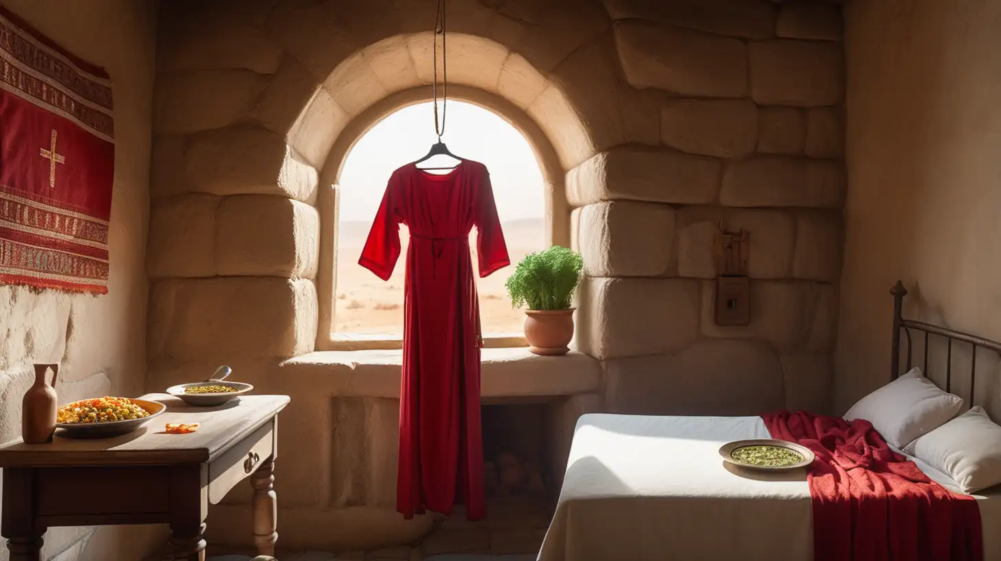 biblical epoch, a bed with red and white sheets in an ancient Hebrew chamber, daylight, a small table with a steaming vegetable soup plate placed on the table, a red dress on a hanger hung on the wall