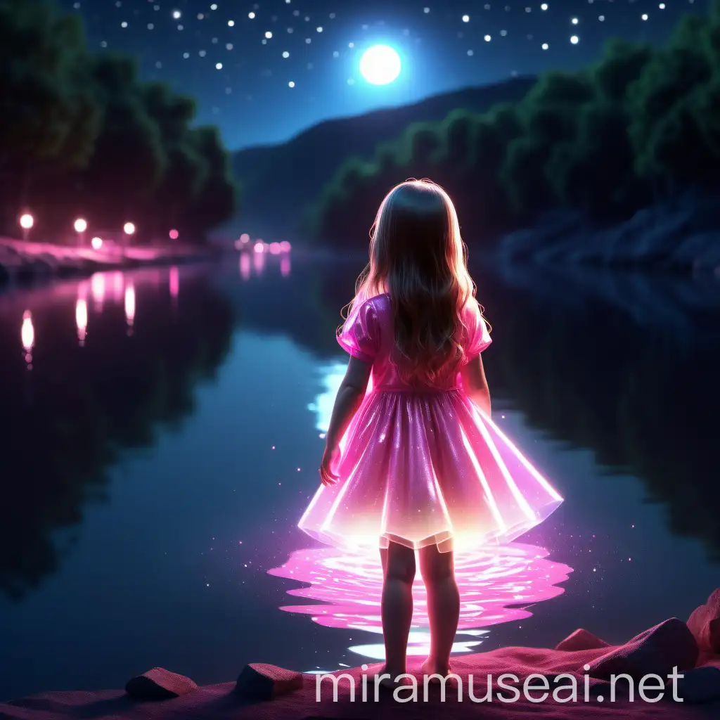 Glistening Little Girl in Glassy Light Dress by Pink River at Midnight