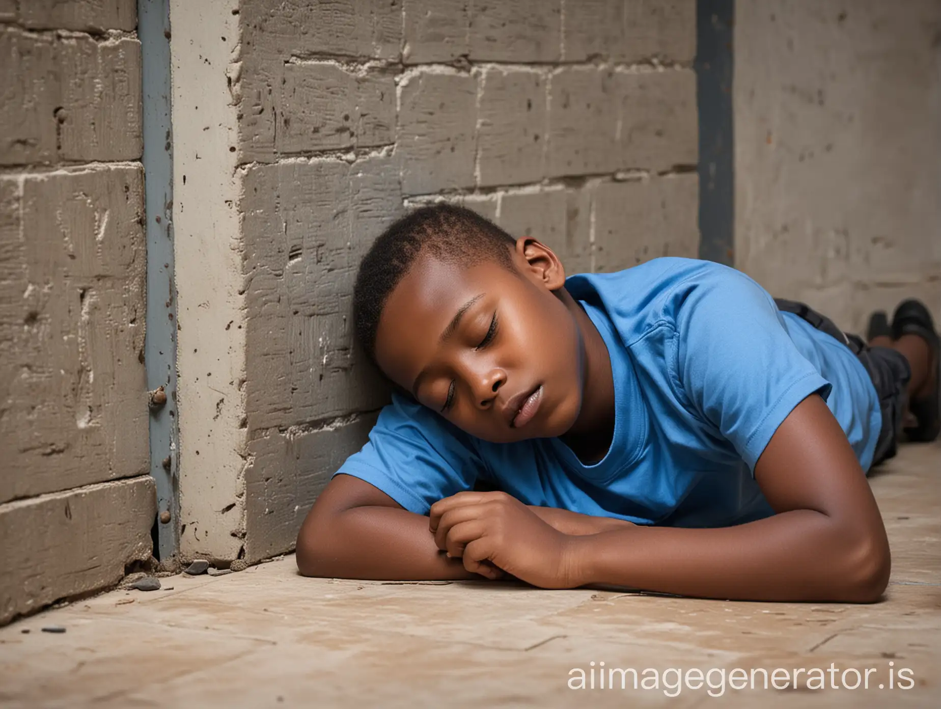 african boy with blue tshirt on sleeping with eyes closed on the floor inside cell