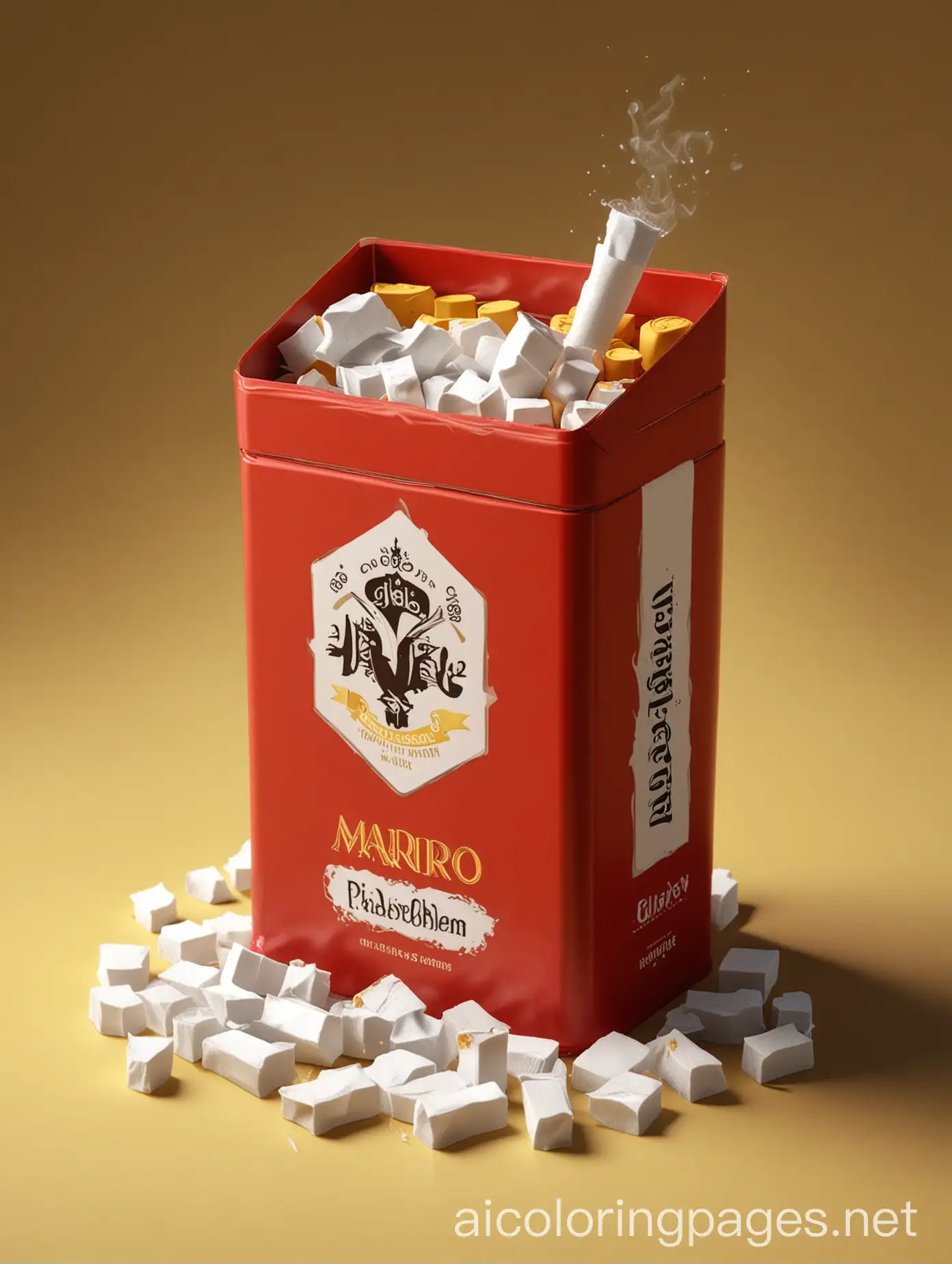 3D Marlboro cigarette box in dark red, pieces of ice flying around in a circular manner, dark yellow background, cinematic lighting around the box, shadow and light under the box, Coloring Page, black and white, line art, white background, Simplicity, Ample White Space. The background of the coloring page is plain white to make it easy for young children to color within the lines. The outlines of all the subjects are easy to distinguish, making it simple for kids to color without too much difficulty