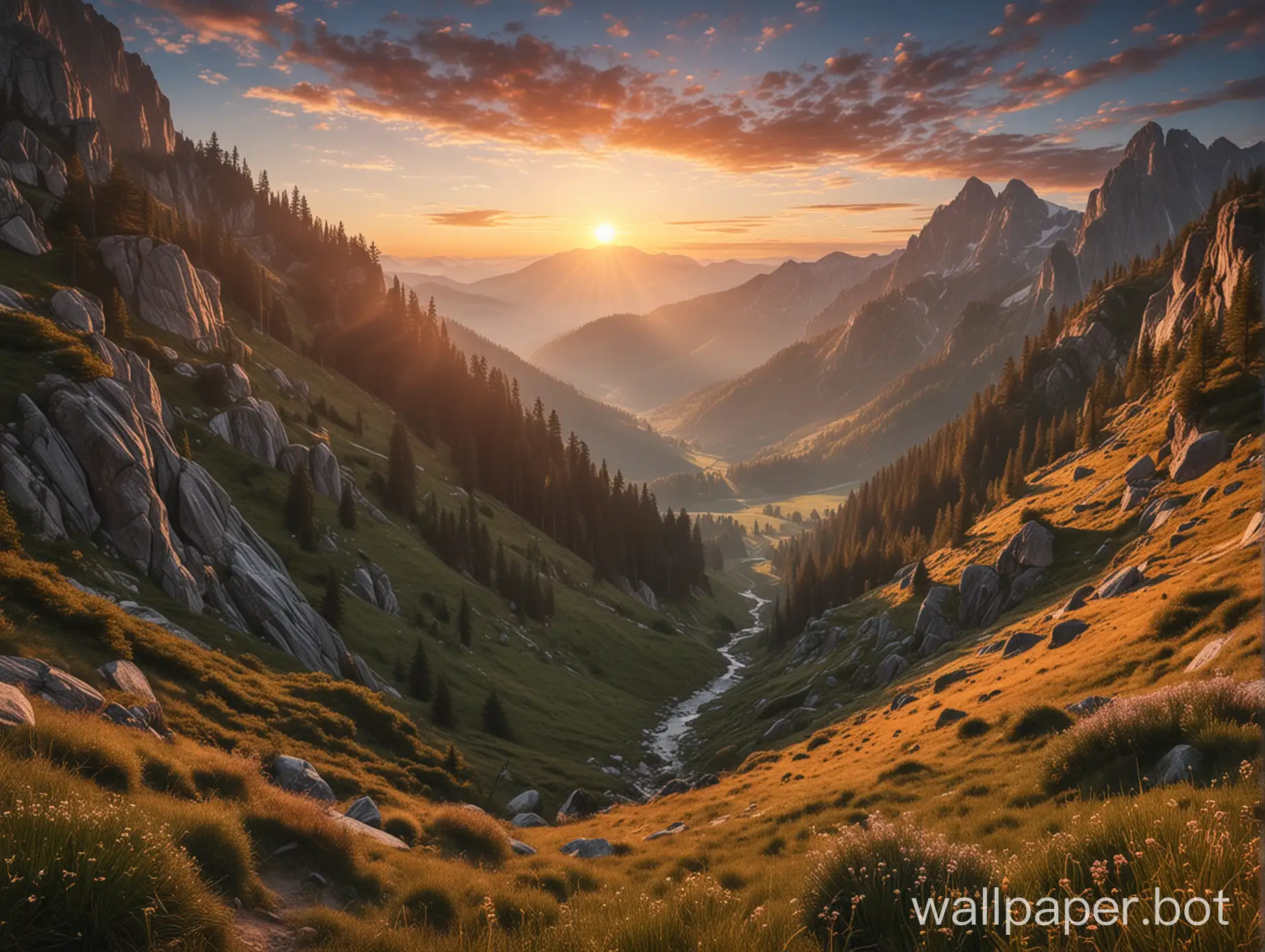 a serene mountain landscape with a sunrise."