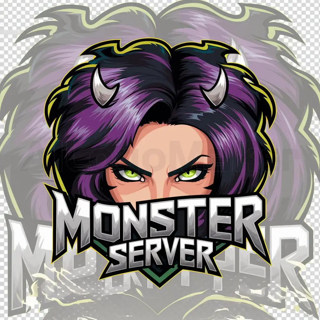 a logo design,with the text "Monster", main symbol:Theme: The logo features Valorant's Reyna. Colors: Highlight Reyna's eyes with neon green, incorporate purple and black into her hair. Typography: The text 'Monster Server' is in a custom slightly distorted font integrated with claw and fang symbols. The text has a black base,Moderate,be used in Internet industry,clear background