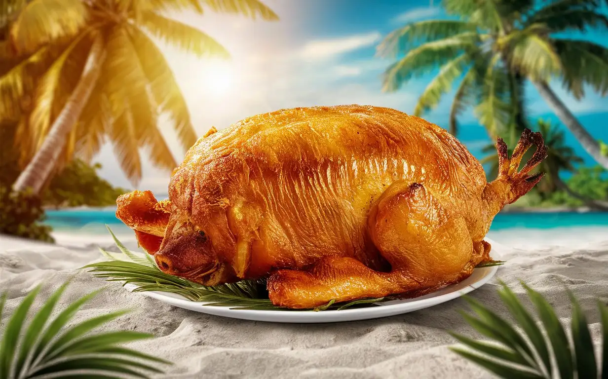 A hearty Filipino lechon (roasted pig) on a tropical Philippine beach, photographed in a tropical style with bright daylight, a frontal shot, and a composition full of tropical flair, showcasing the golden color and aroma of the roast pig.