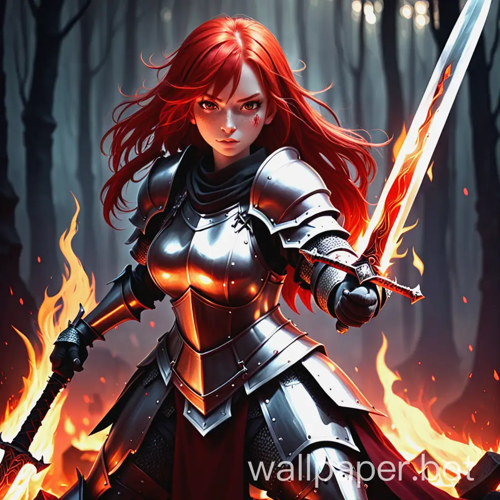 red hair knight girl have sword in flame battleground