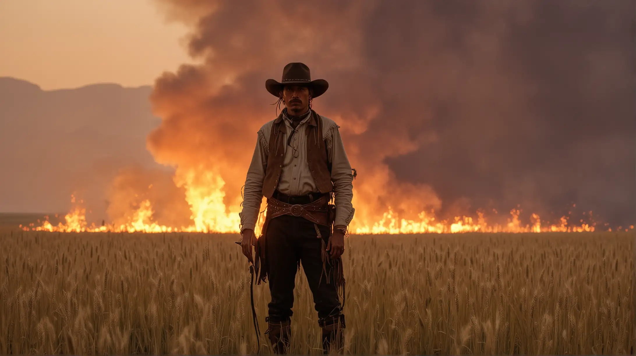 Native Cowboy in Burning Wheat Field at Dusk