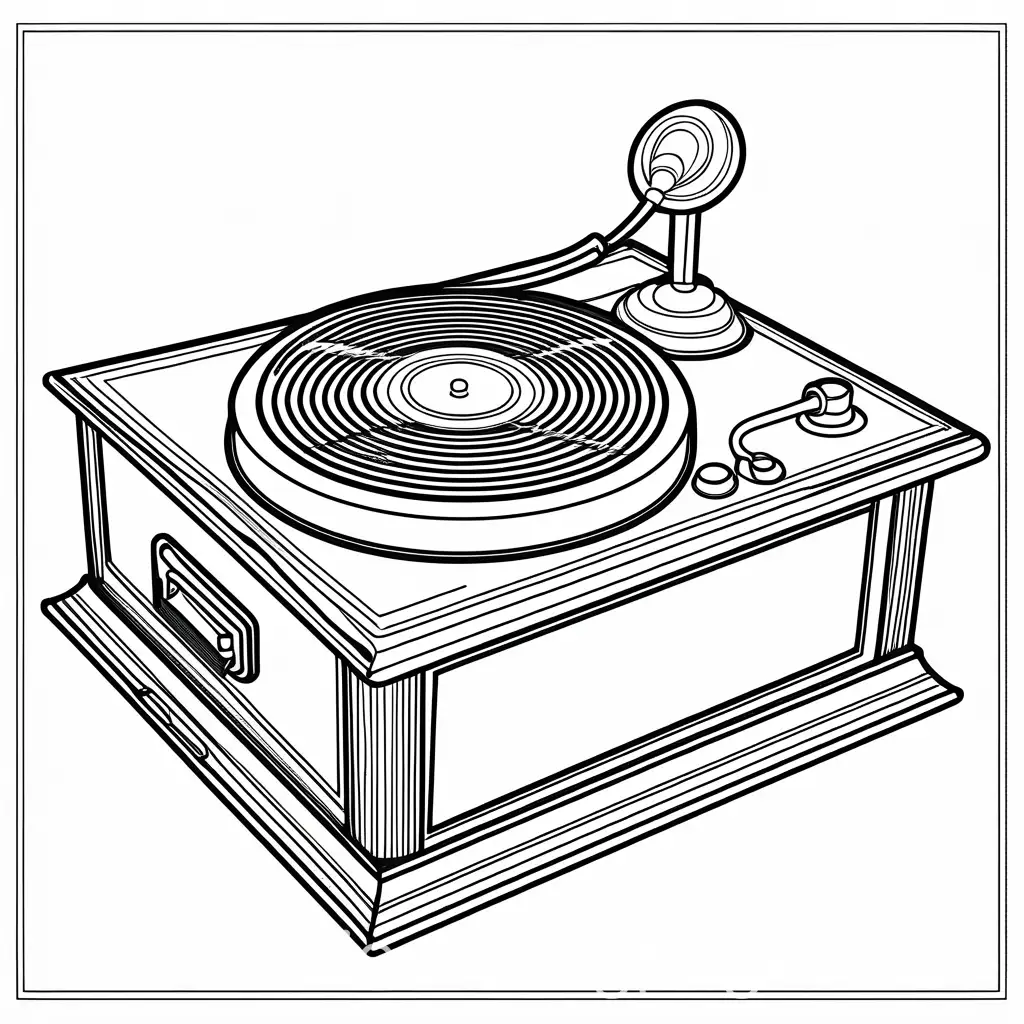 gramaphone, Coloring Page, black and white, bold marker thick outline, no grey shadings, white plain background, Simplicity, Ample White Space. The background of the coloring page is plain white. The outlines of all the subjects are easy to distinguish., Coloring Page, black and white, line art, white background, Simplicity, Ample White Space. The background of the coloring page is plain white to make it easy for young children to color within the lines. The outlines of all the subjects are easy to distinguish, making it simple for kids to color without too much difficulty