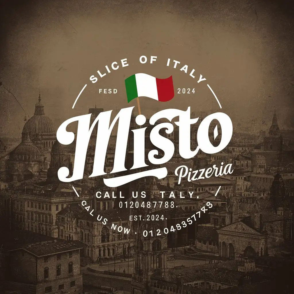 Misto Pizzeria, Emblem, Slim, typography logo, Ornament, White background, Antique, EST 2024 , Italy flag, Slogan Slice of Italy , Sketched Italian City, Old School, Foggy atmosphere, Call us now 01204857783