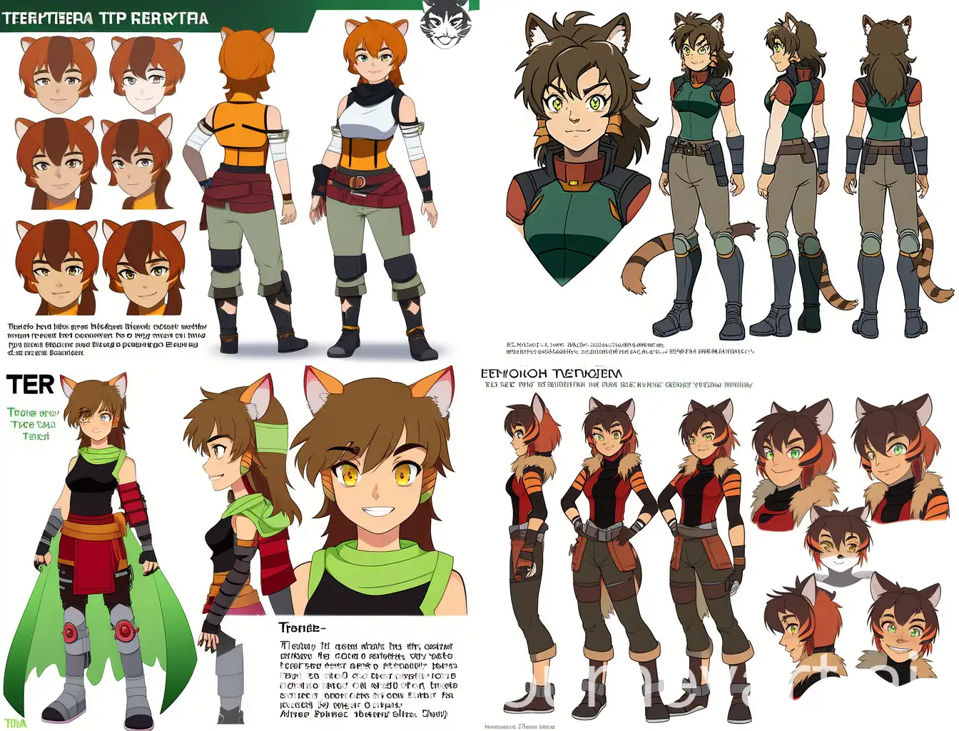 14-year-old young girl based in Sienna Khan from rwby, smiling face, tiger ears (tabby), green eyes, a tomboy girl, brown fur, She has tiger line markings on her skin. The character should be wearing Spartan warrior dark crimson and light bronze, colorful costumes, clothes use red and black colors for the clothes, including a white scarf tied at the waist, clothes with exposed stomach, masterpiece, looking into distance.