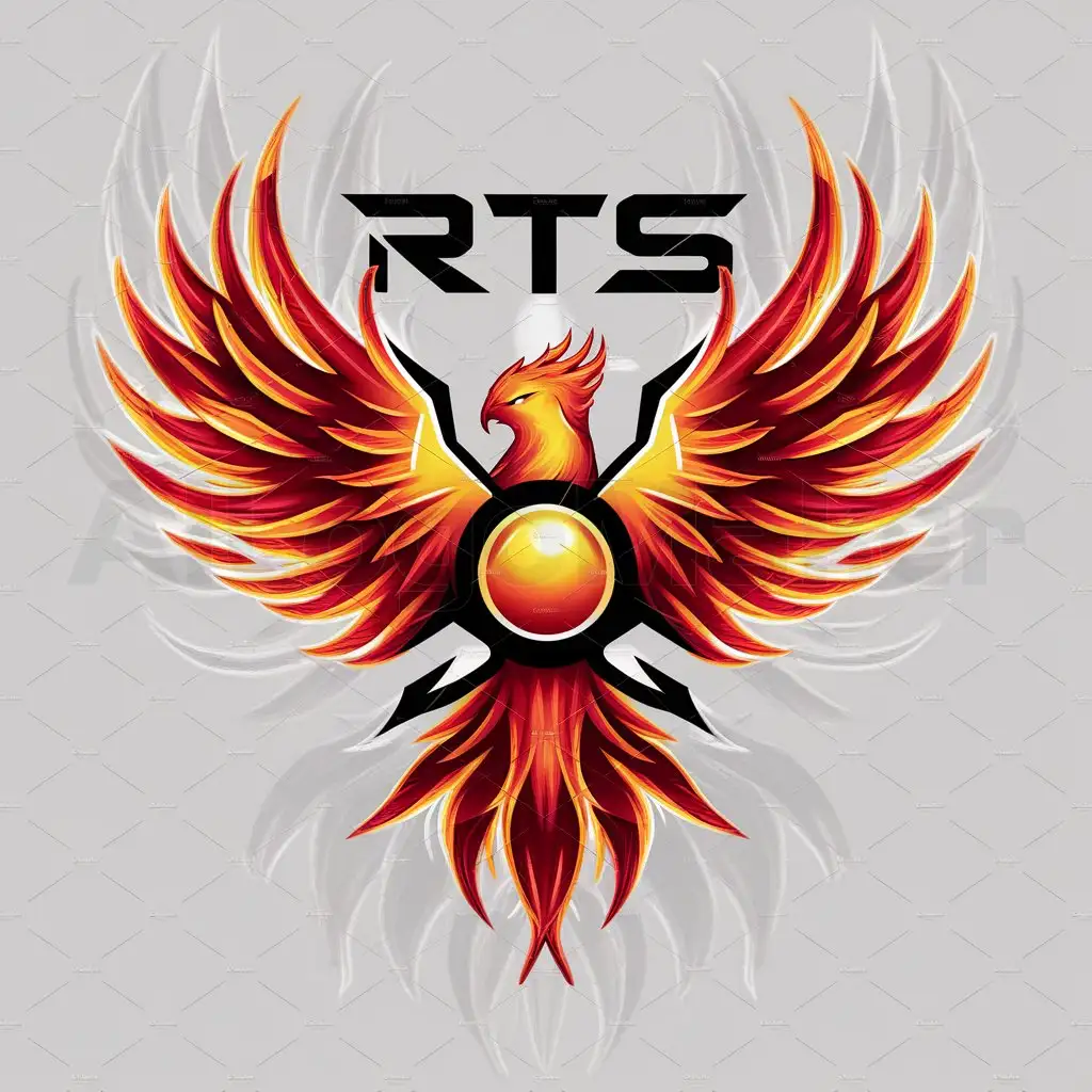 a logo design,with the text "RTS", main symbol:a blazing Fiery Pheonix logo character holding a ball for a e-sports team,Moderate,be used in Others industry,clear background