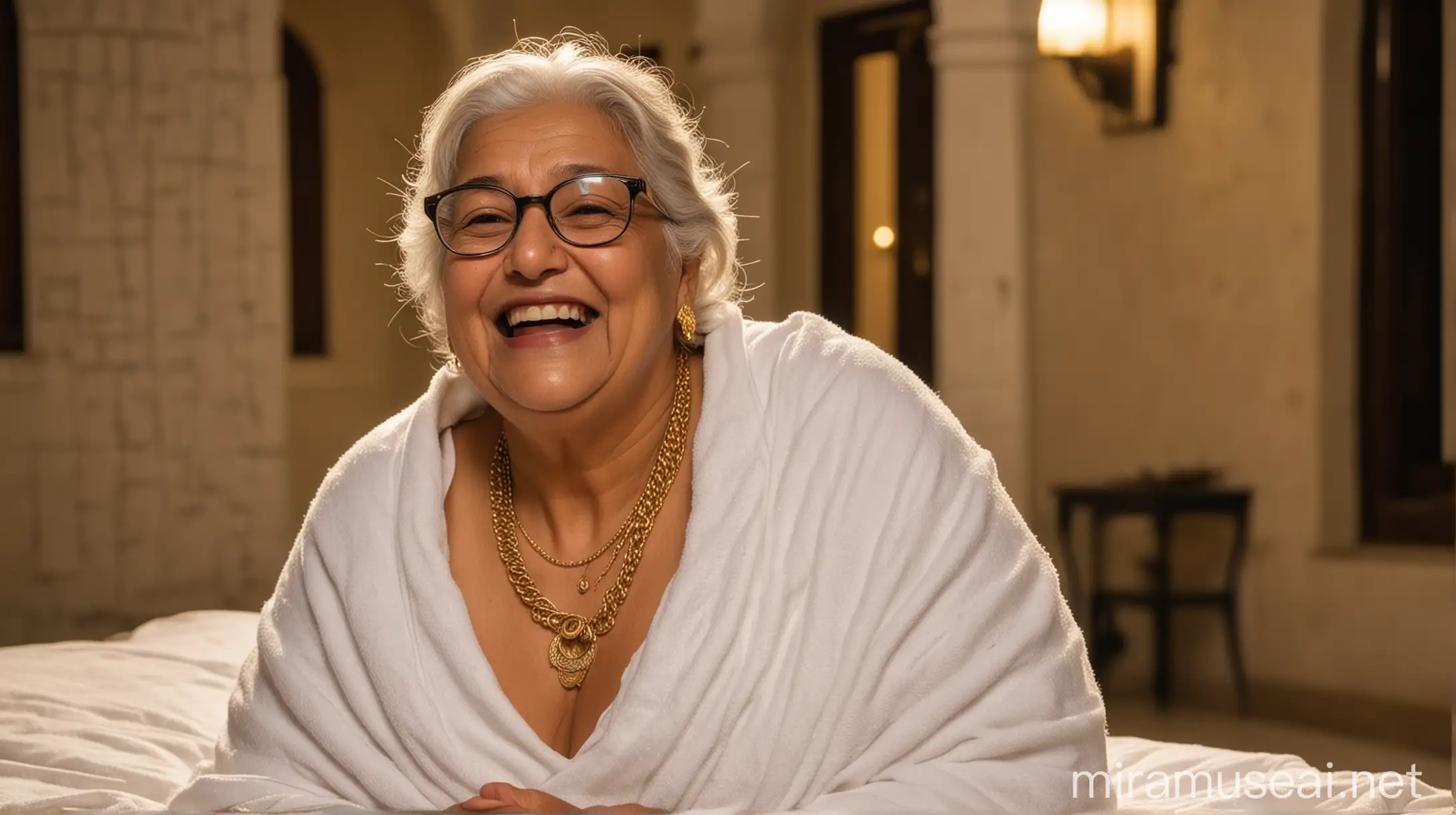 desi  good looking fat granny happy and laughing sitting on a folding bed wearing only a white bath towel, a gold necklace a spectacles on eyes  at night in a luxurious court yard 
