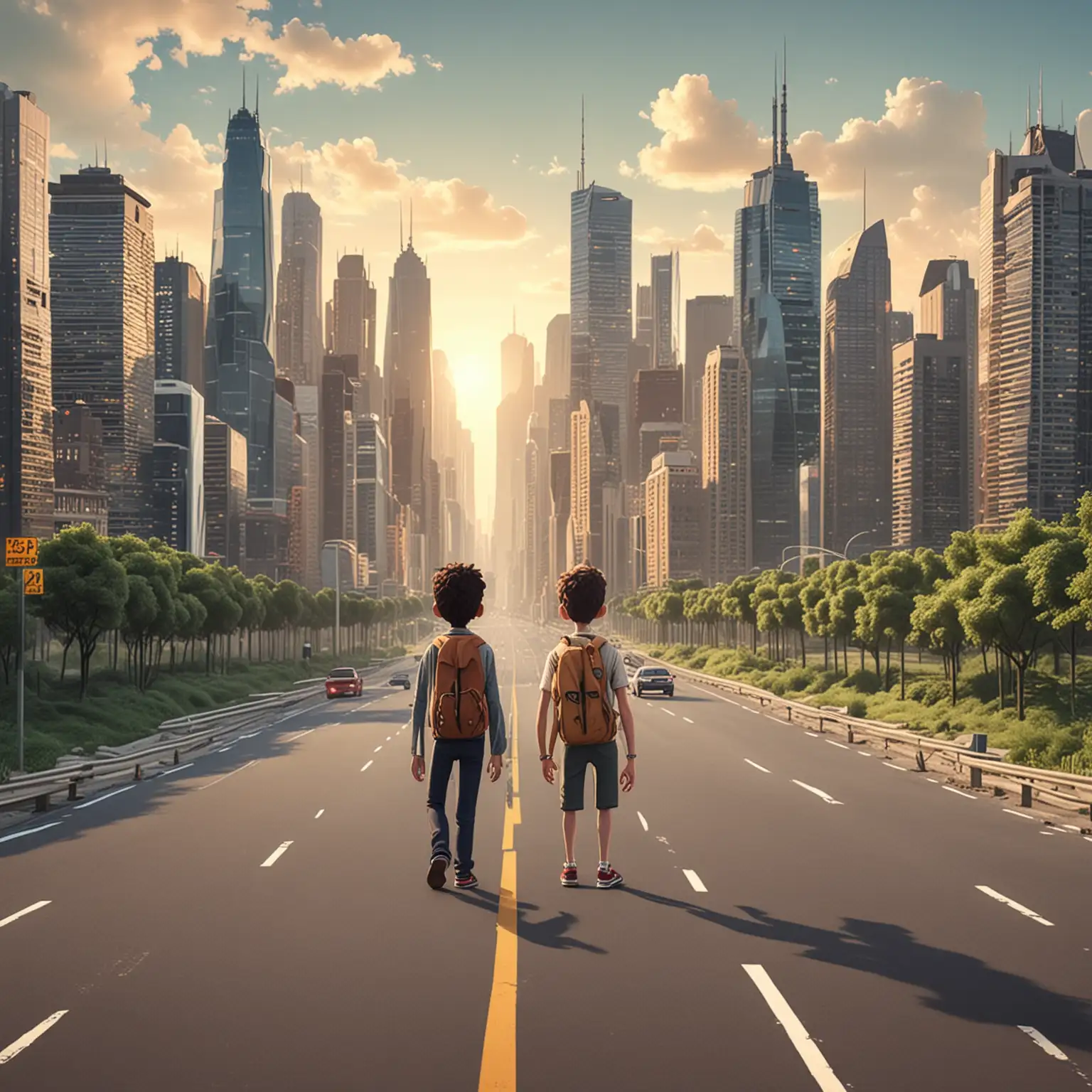 Cartoon-Friends-Walking-Along-Big-Road-with-Skyscrapers