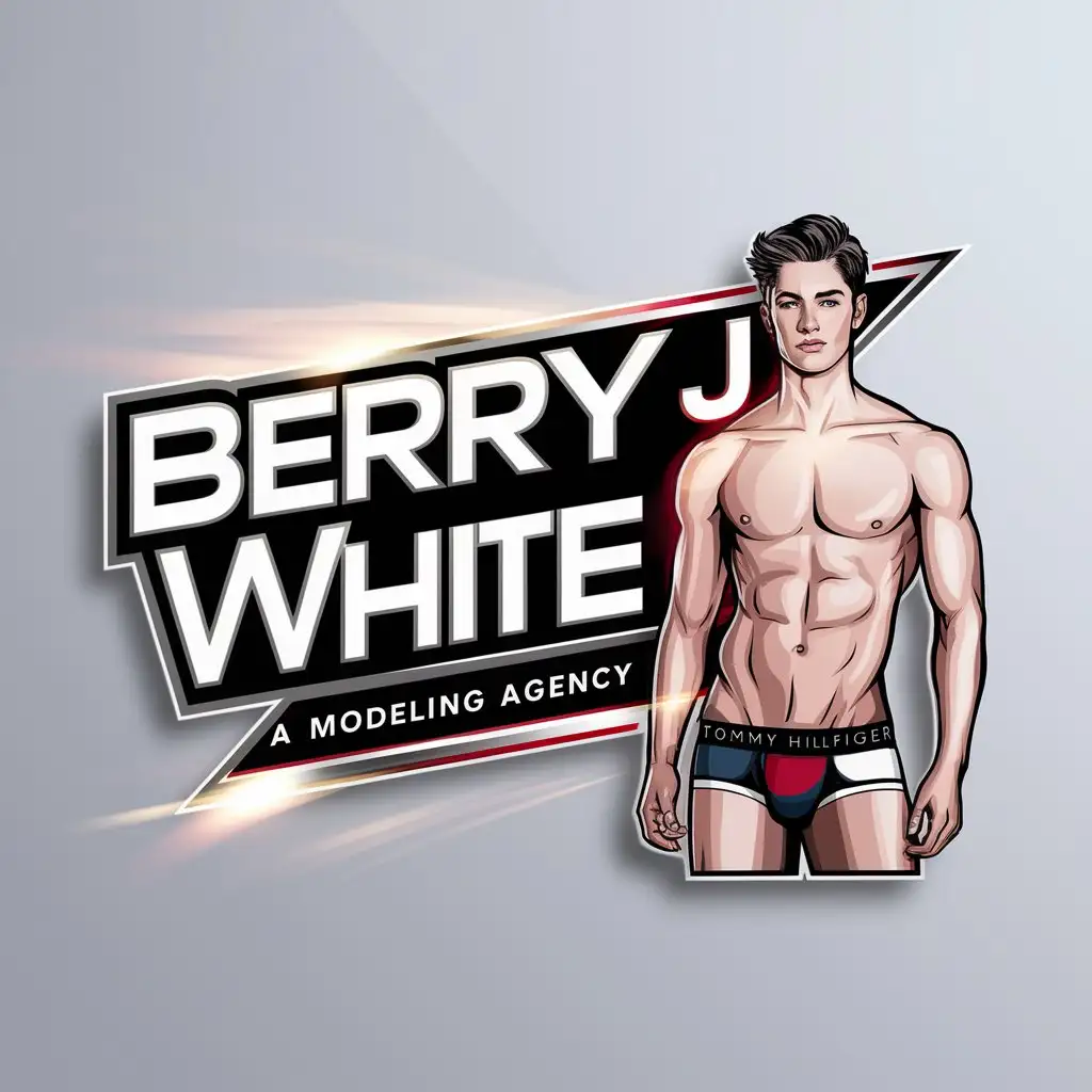 a logo design,with the text "Berry J. White", main symbol: A young male wearing Tommy Hilfiger Underwear, facing the camera, he is 5' 8" tall, white male age 17, modern colors, dynamic lighting, dynamic lettering. (The input does not appear to be in any language other than English, so no translation is necessary.),complex,be used in Modeling Agency industry,clear background