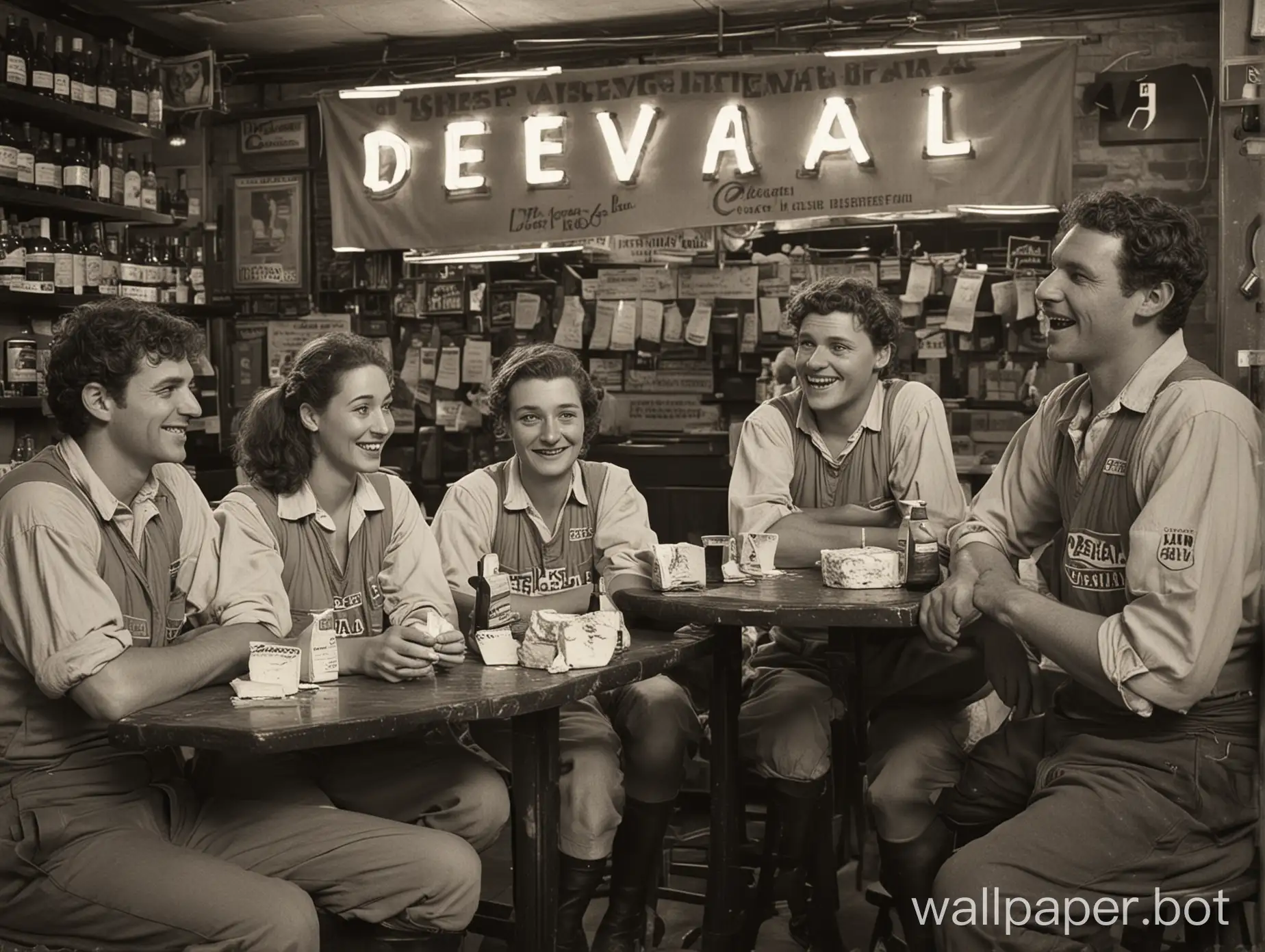 A group of dairy farmers eating lots of cheese at a bar, chatting. Their clothes clearly show the word "DeLaval" in clearly readable letters. There is cheese everywhere. In the back there is a banner on the wall that also reads "DELAVAL" in big capital neon letters.