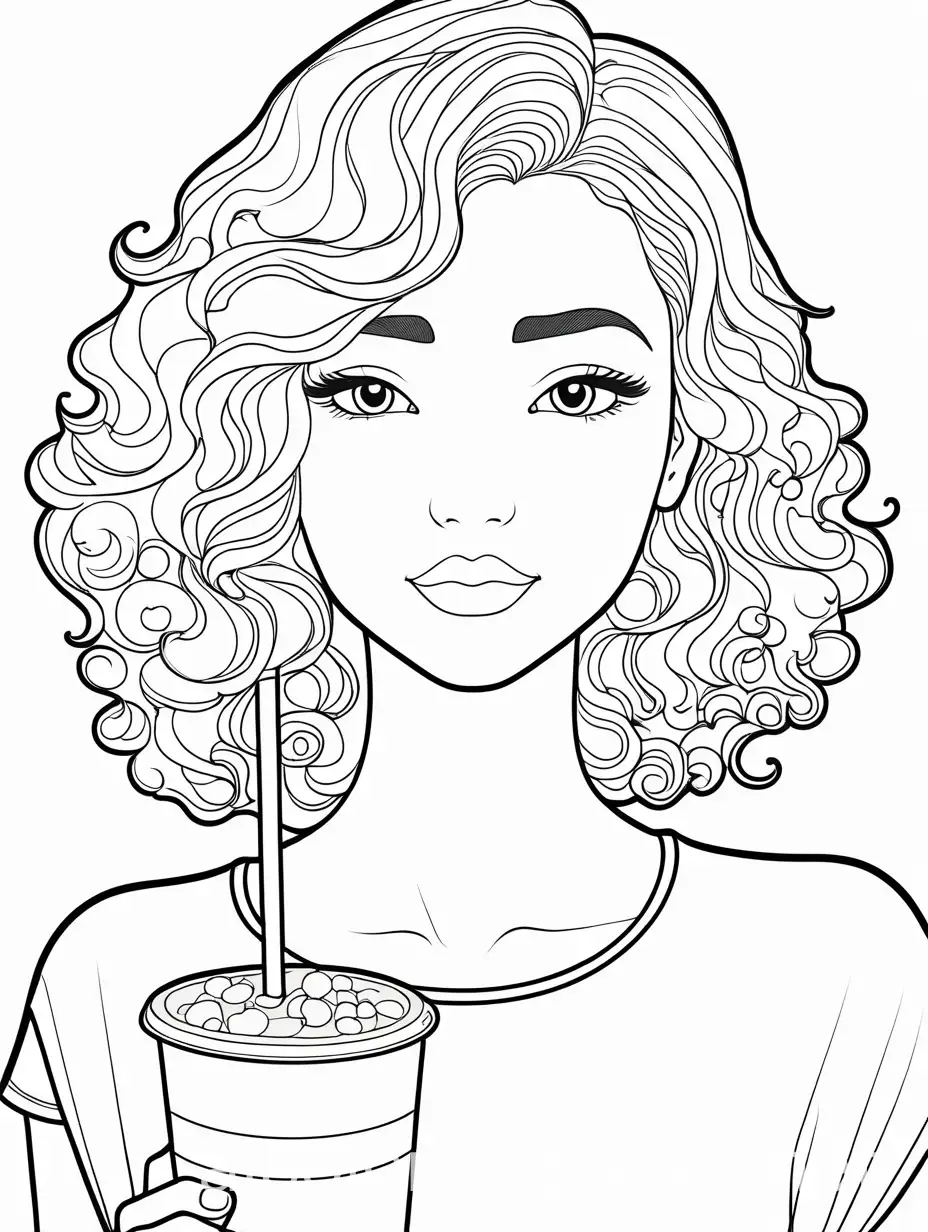 Woman with curly white hair front view at drinking boba milk tea, Coloring Page, black and white, line art, white background, Simplicity, Ample White Space.