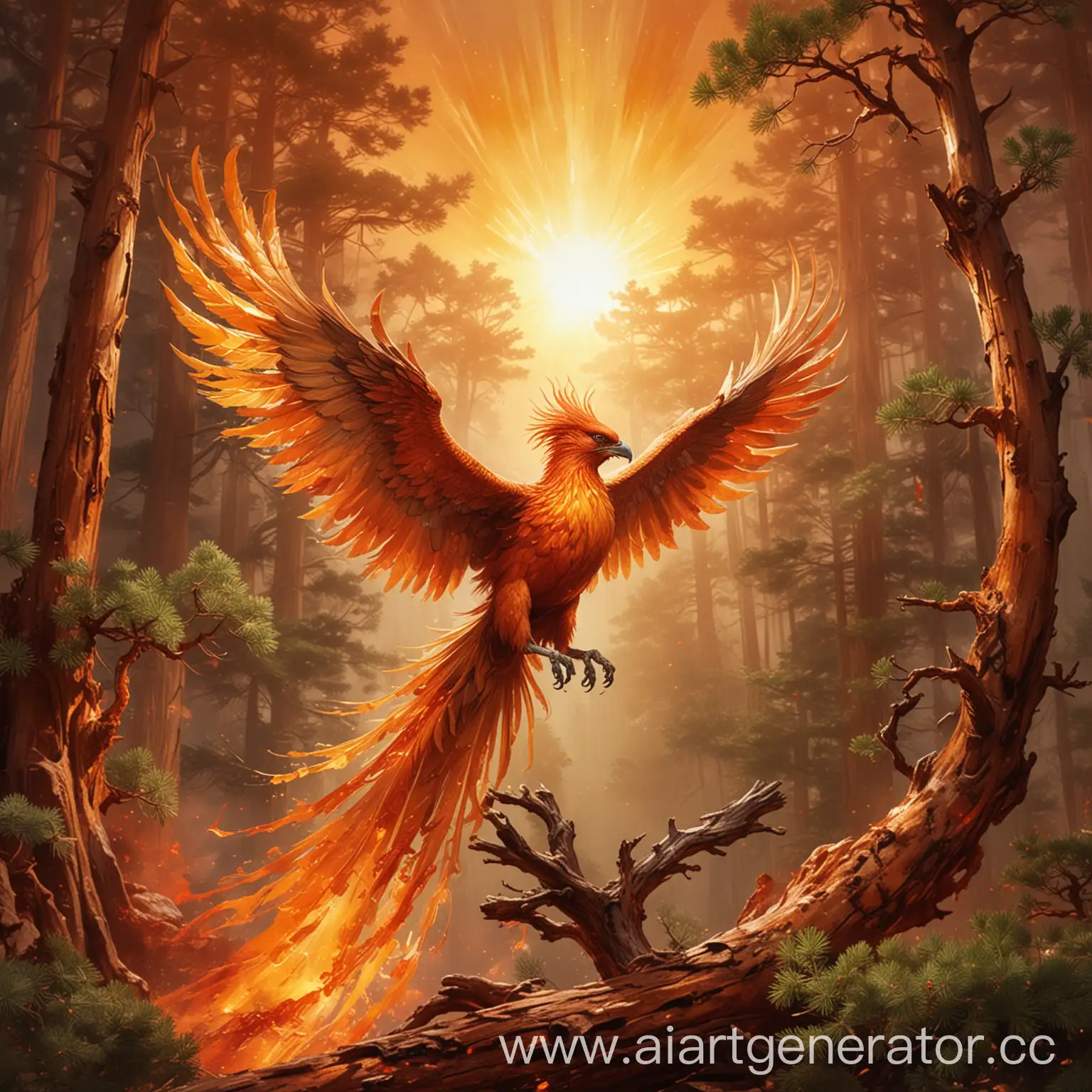 Phoenix-Bird-Soaring-Above-Pine-Tree-in-Fiery-Transformation-Scene