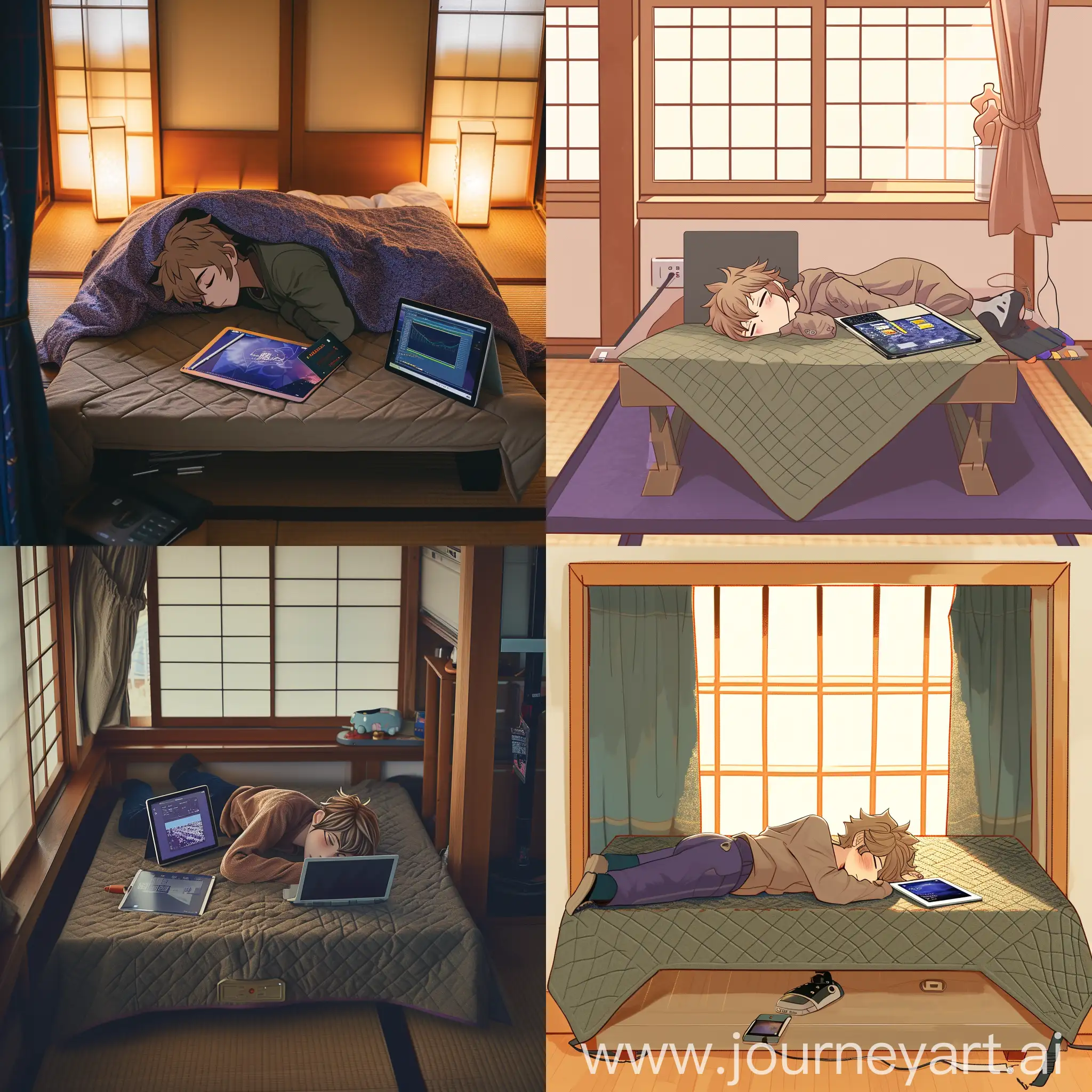 Boy sleeping under japanese kotatsu. Notebook and graphics tablet on the kotatsu. Japanese room. Atmospheric. 