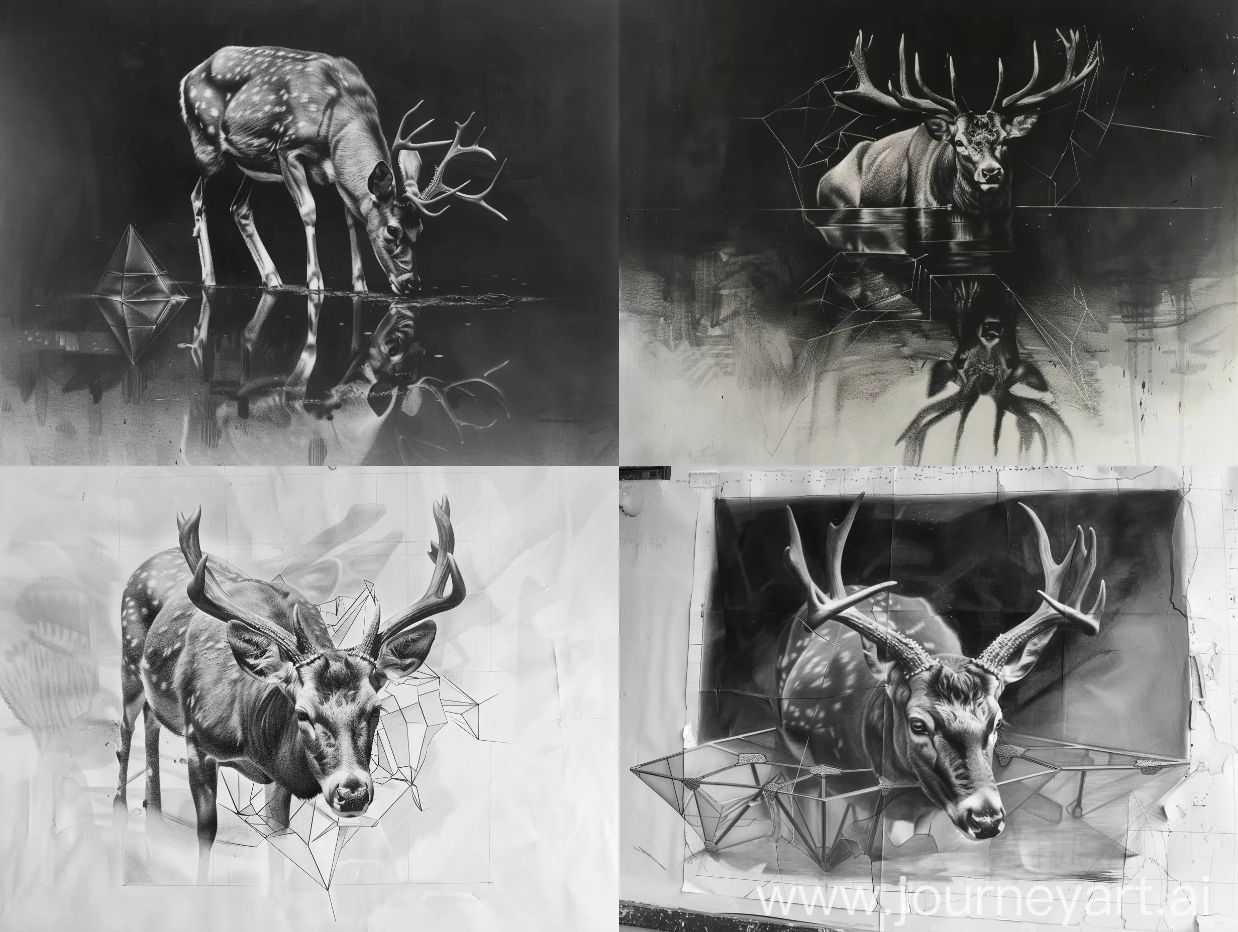 creative dark hyper realistic pencil sketch of a deer on a glass surface on a large canvas in great details 