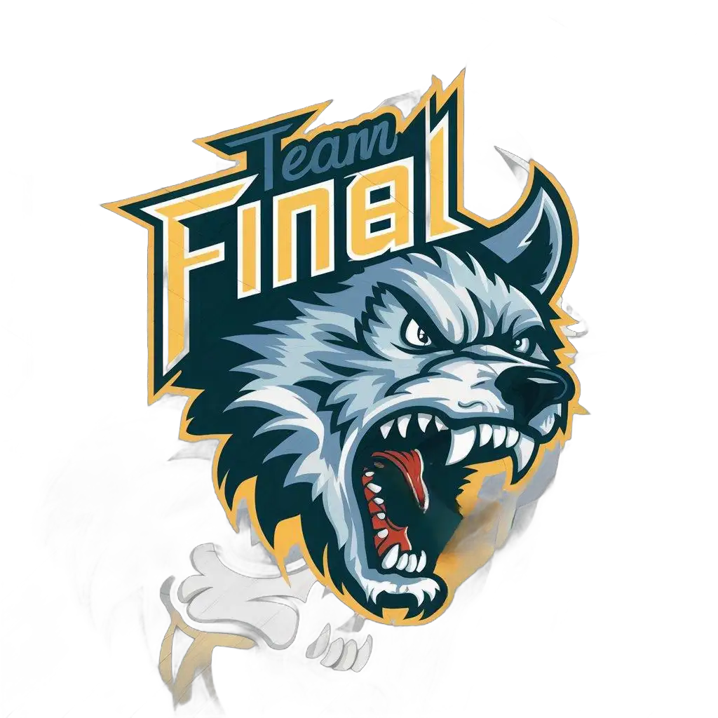 a logo design,with the text "Team Final", main symbol:Angry mean wolf foaming at the mouth Light Blue and yellow wolf with a wide open mouth angry bone in mouth,complex,clear background