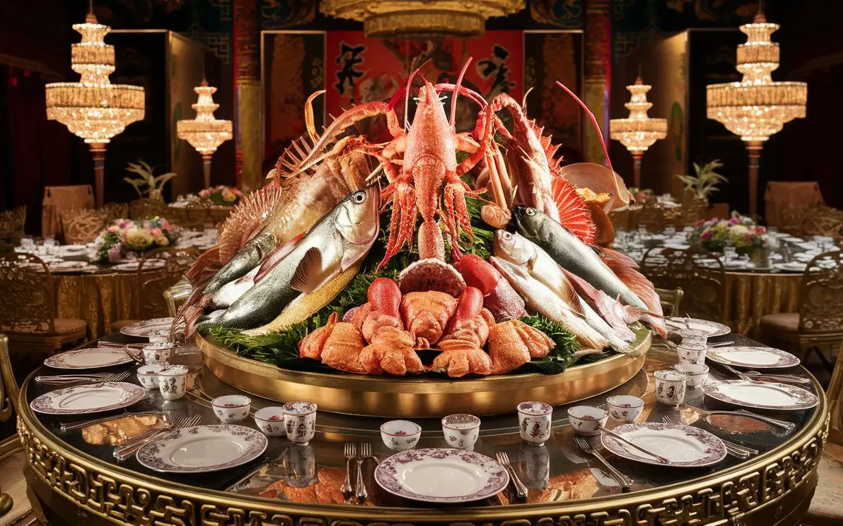 A sumptuous Chinese seafood feast in a luxurious Chinese banquet hall, photographed in a luxurious style with ornate lighting effects, a frontal shot, and an opulent composition, showcasing the freshness of the seafood and the grandeur of the banquet.