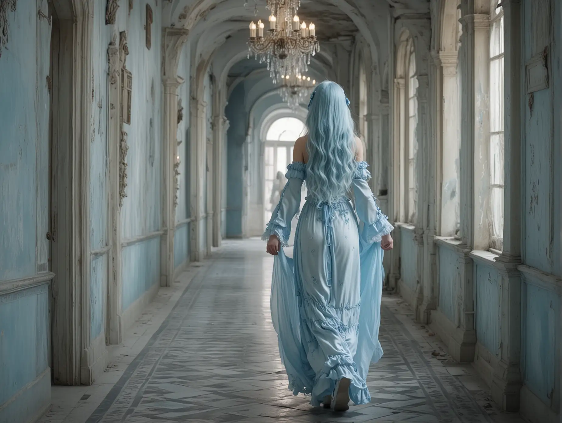 穿着白蓝色华丽裙子的动漫女人，她有冰蓝色的长头发，行走在古色古香的复杂的长廊，8k，高清，分辨率为1900*1080