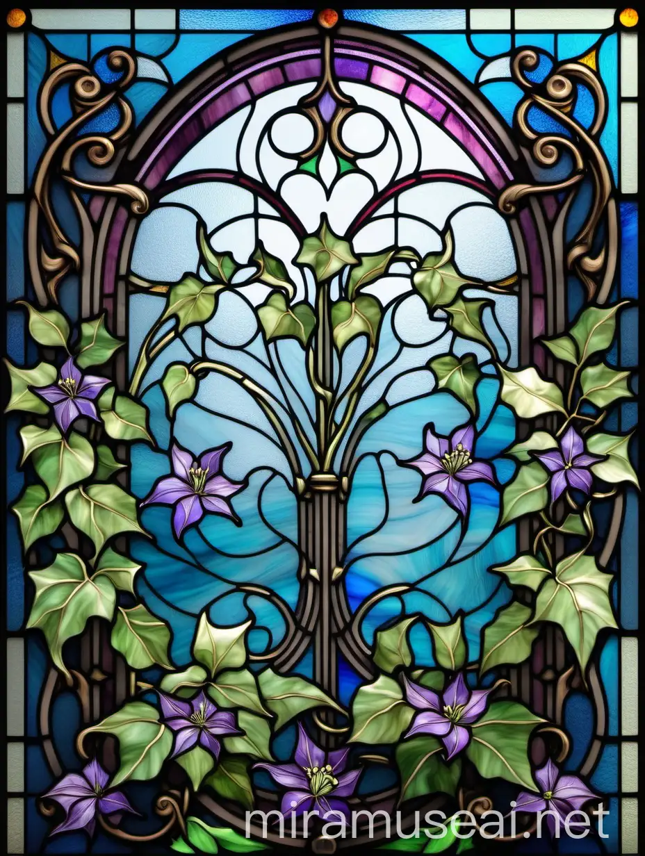 Stained Glass Abstraction with Flowing Lines Ivy and Clematis Art Nouveau Window