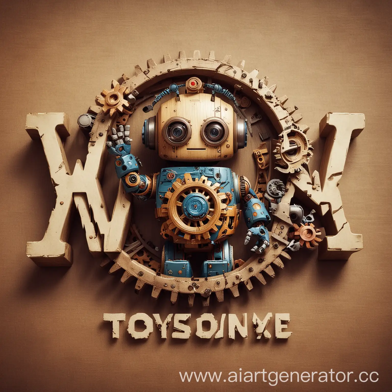 Логотип с шестерёнками и буквой W, небольшого мини робота, и надпись "Игрушки по всему свету"
