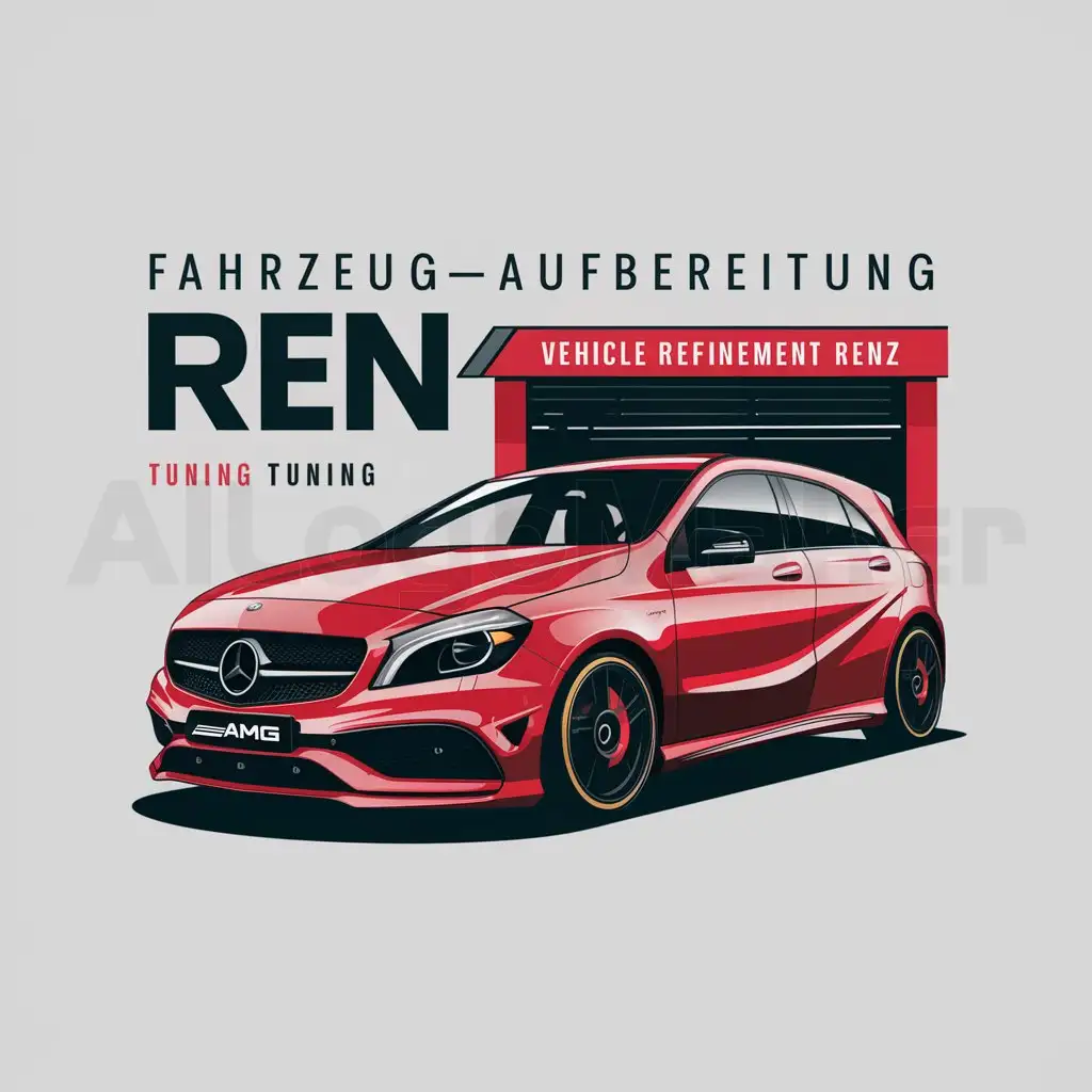 a logo design,with the text "Fahrzeugaufbereitung Renz", main symbol:Mercedes A45 AMG Rot, and a tuning garage in the background that carries the signwriting Vehicle Refinement Renz,Moderate,clear background